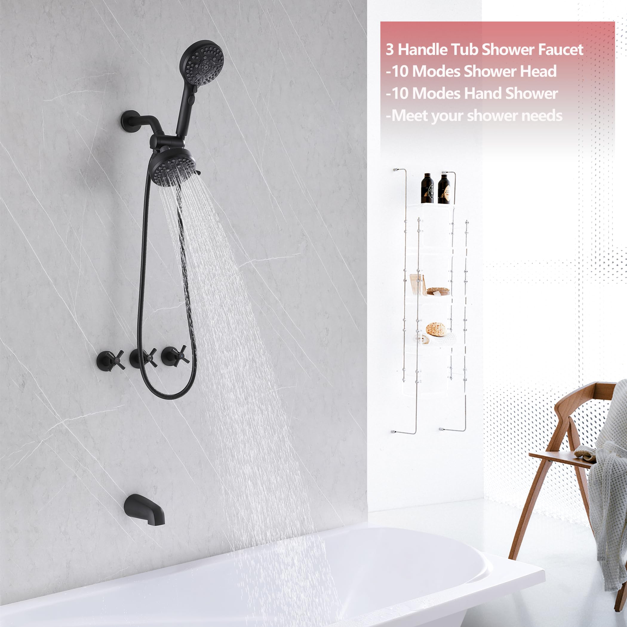 3 Handle Matte Black Tub Shower Faucet Set with Tub Spout & Valve - Complete Bathtub Shower Trim Kit for Bathroom Renovation | Perfect for Modern Home & Spa-Like Shower Experience