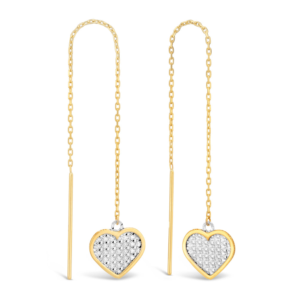9ct Two-Tone Yellow & White Gold Diamond Cut Heart Threader Earrings | Elegant Dainty Jewelry for Women | Perfect for Date Night, Parties & Special Occasions