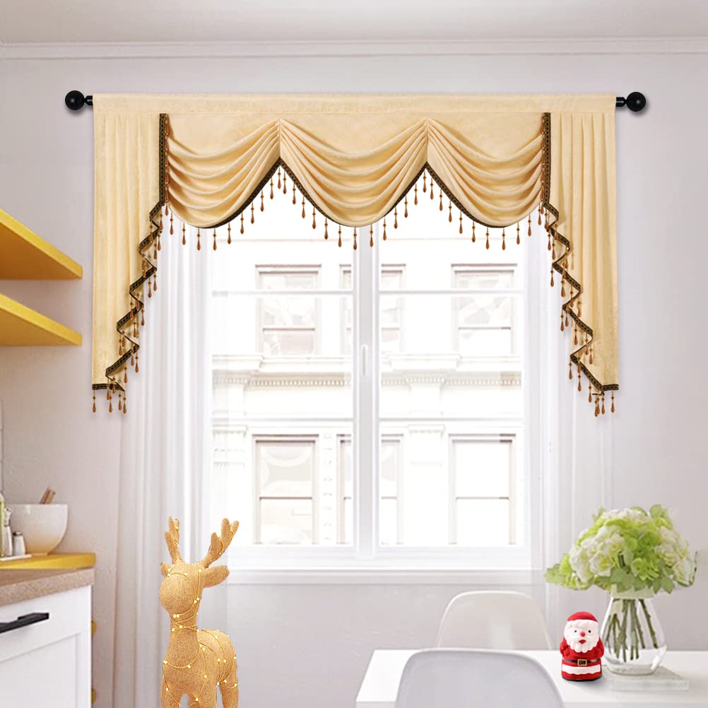 ELKCA Jacquard Waterfall Valance with Luxury Beads - Beige Window Curtain Valance for Living Room, Rod Pocket Design, 1 Panel (Beige, W98) - Perfect for Bedroom, Dining Room & Home Decor