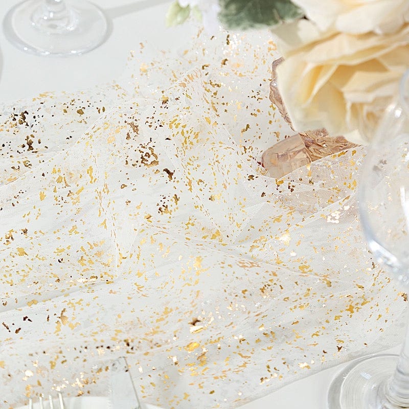 10 ft Metallic Glitter Sheer Chiffon Table Runner - White and Gold Wedding Party Decor for Dining Table, Buffet, and Special Events