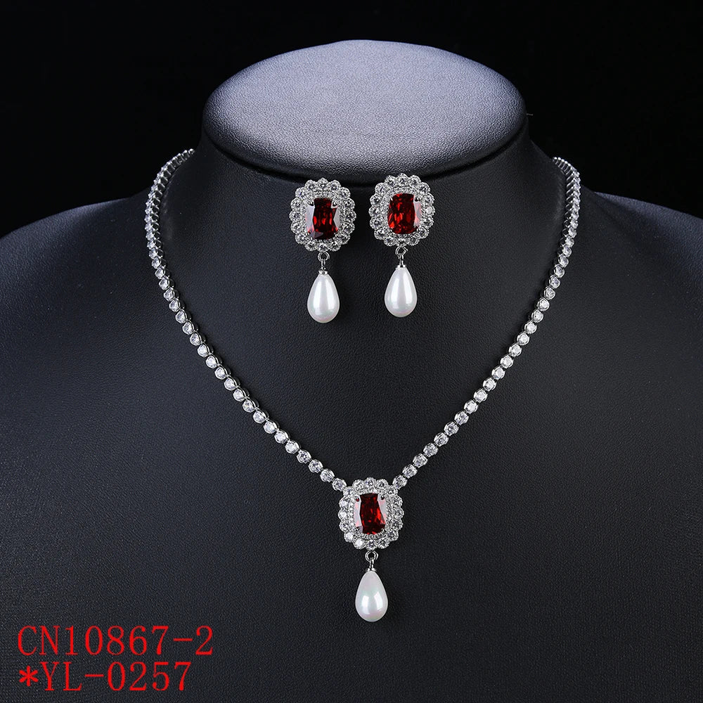 Elegant Cubic Zirconia Pearl Pendant Necklace & Earrings Set for Women - Bridal Wedding Jewelry Accessories - Perfect for Anniversary Gifts, Prom, and Formal Occasions