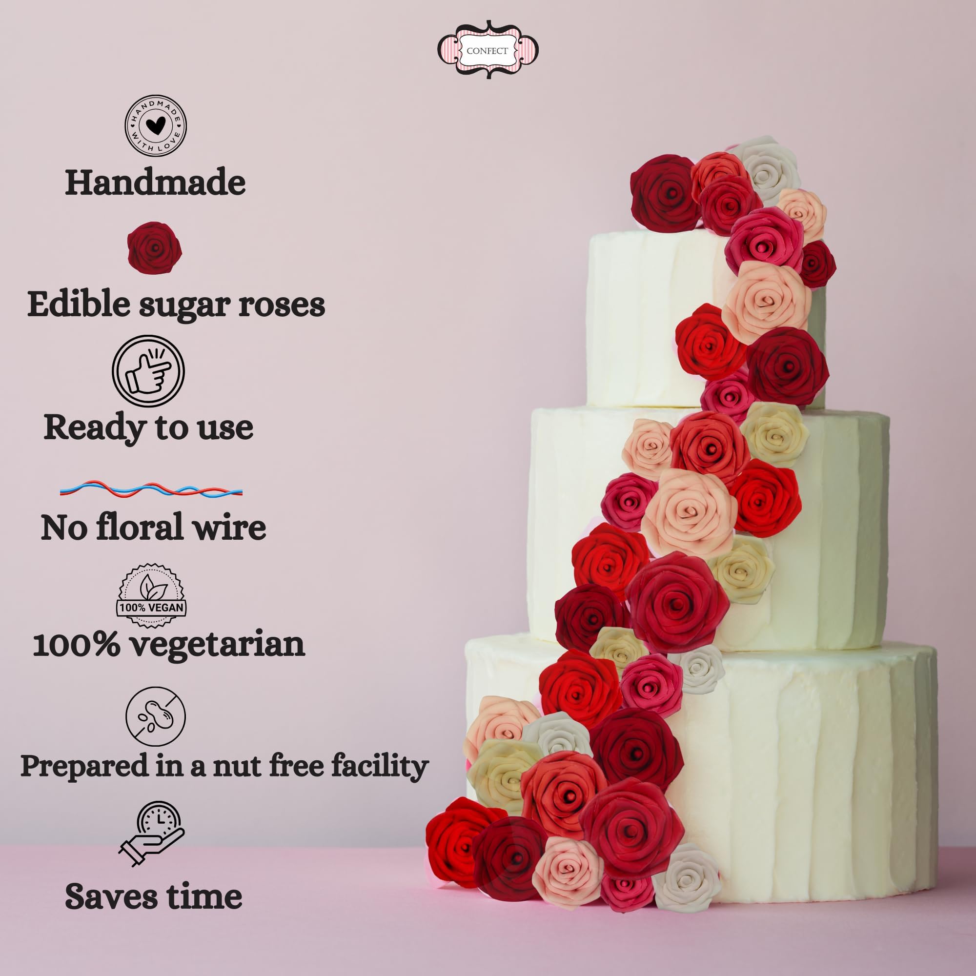 Edible Rose Cake Toppers - 12 Pack Deep Burgundy Sugar Flowers for Wedding Cakes, Cupcakes, Desserts & Special Occasion Decorations