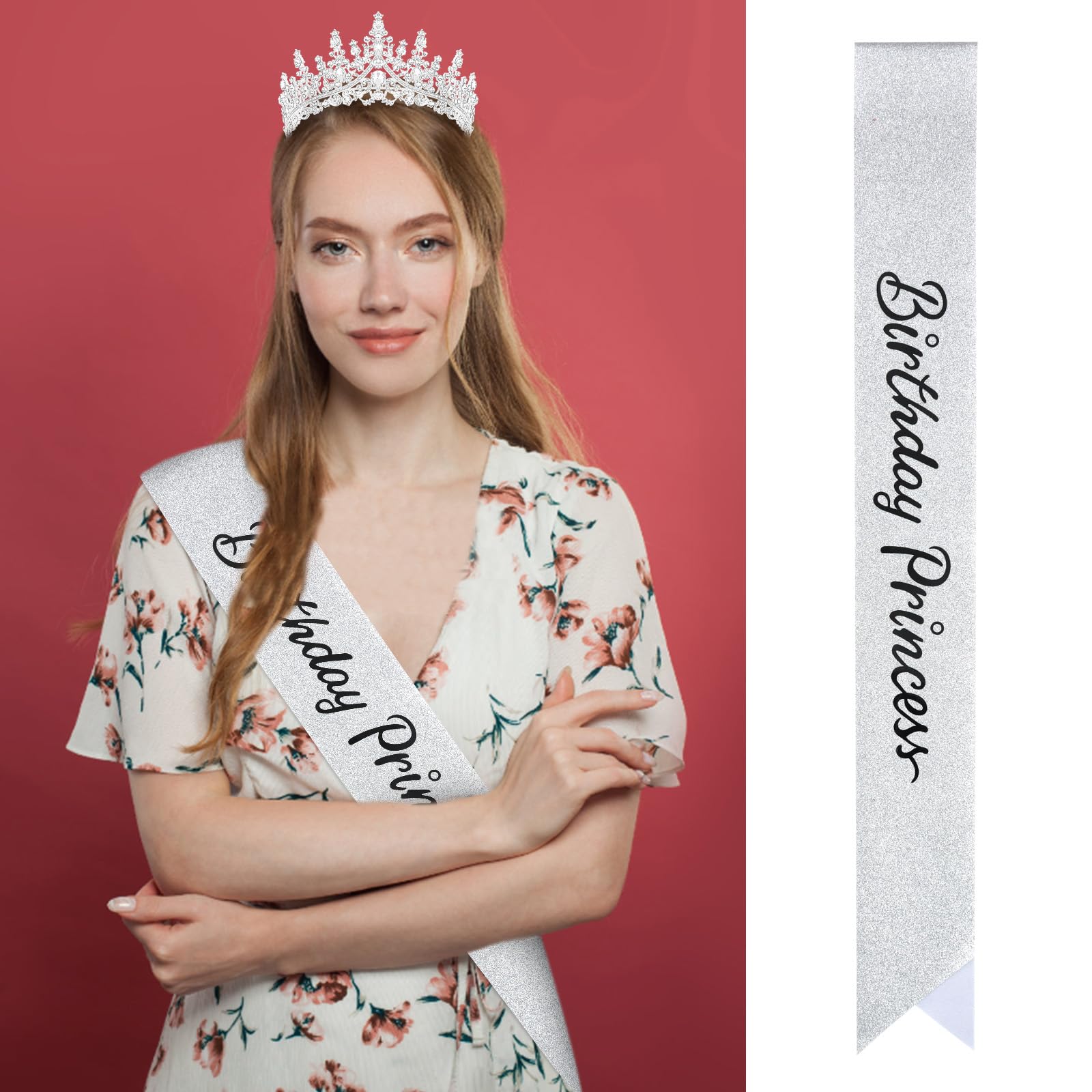 CAVETEE Glitter Birthday Princess Crown & Sash Set - Sparkling Tiara with Satin Sash for Women's Birthday Party Decorations | Perfect for Princess Themed Parties, Quinceañeras & Special Celebrations