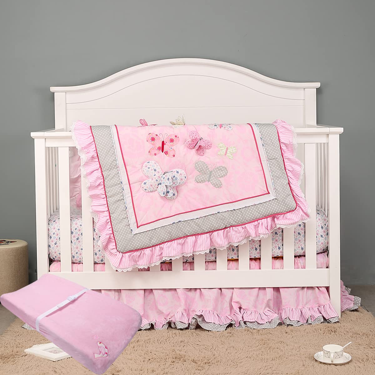 4-Piece Cotton Embroidery Butterfly Nursery Crib Bedding Set for Baby Girls - 3D Quilt, Fitted Sheet, Skirt & Changing Pad Cover (28