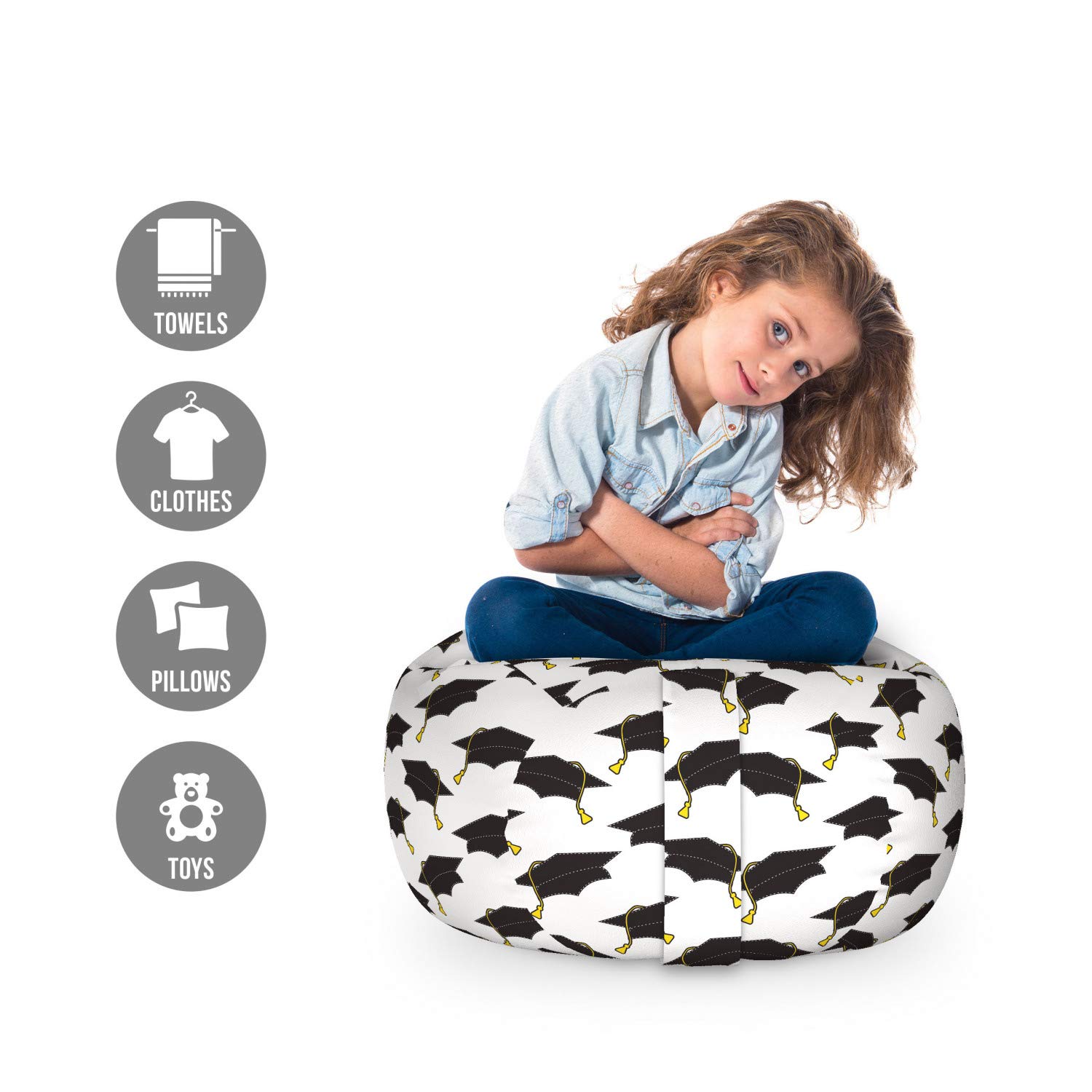 Ambesonne Graduation Storage Toy Bag Chair - Small Size Mustard Charcoal Grey - Washable Stuffed Animal Organizer for College Dorm, Kids Room & Playroom - Perfect for Toy Storage, Laundry & Seating