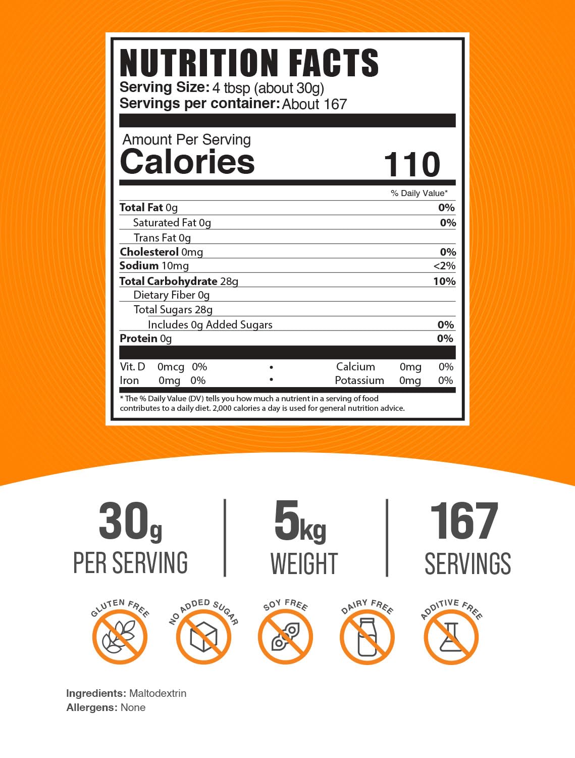 BulkSupplements.com Premium Maltodextrin Powder - Food Grade Energy Booster Supplement | Unflavored, Gluten Free, 30g per Serving | 5kg (11 lbs) Pack of 5 | Ideal for Workout Recovery, Baking & Sports Nutrition