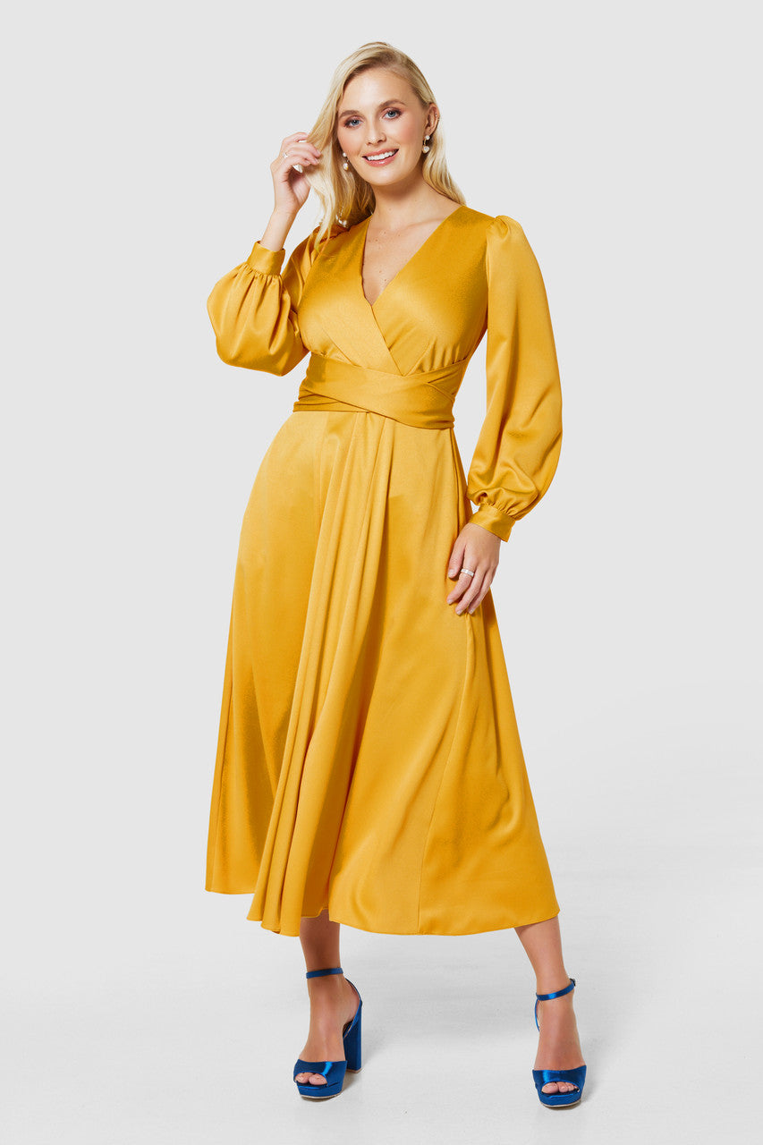 Earla Flowy Full Skirt Midi Dress in Yellow | Women's Summer Casual Dress for Beach, Party & Date Night