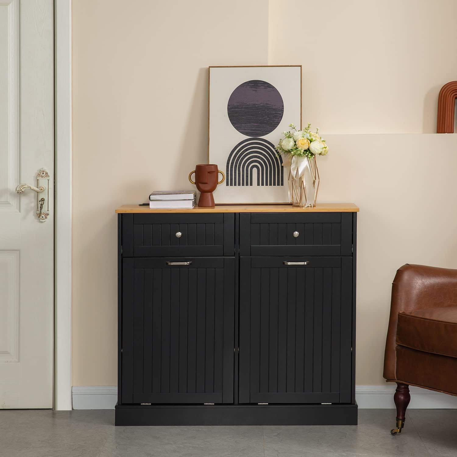 GAZHOME 20 Gallon Double Tilt-Out Trash Cabinet with Built-In Charging Station & Hideaway Drawer - Upgraded Wooden Recycling Storage with Power Outlet for Kitchen, Bathroom, or Office (Black)