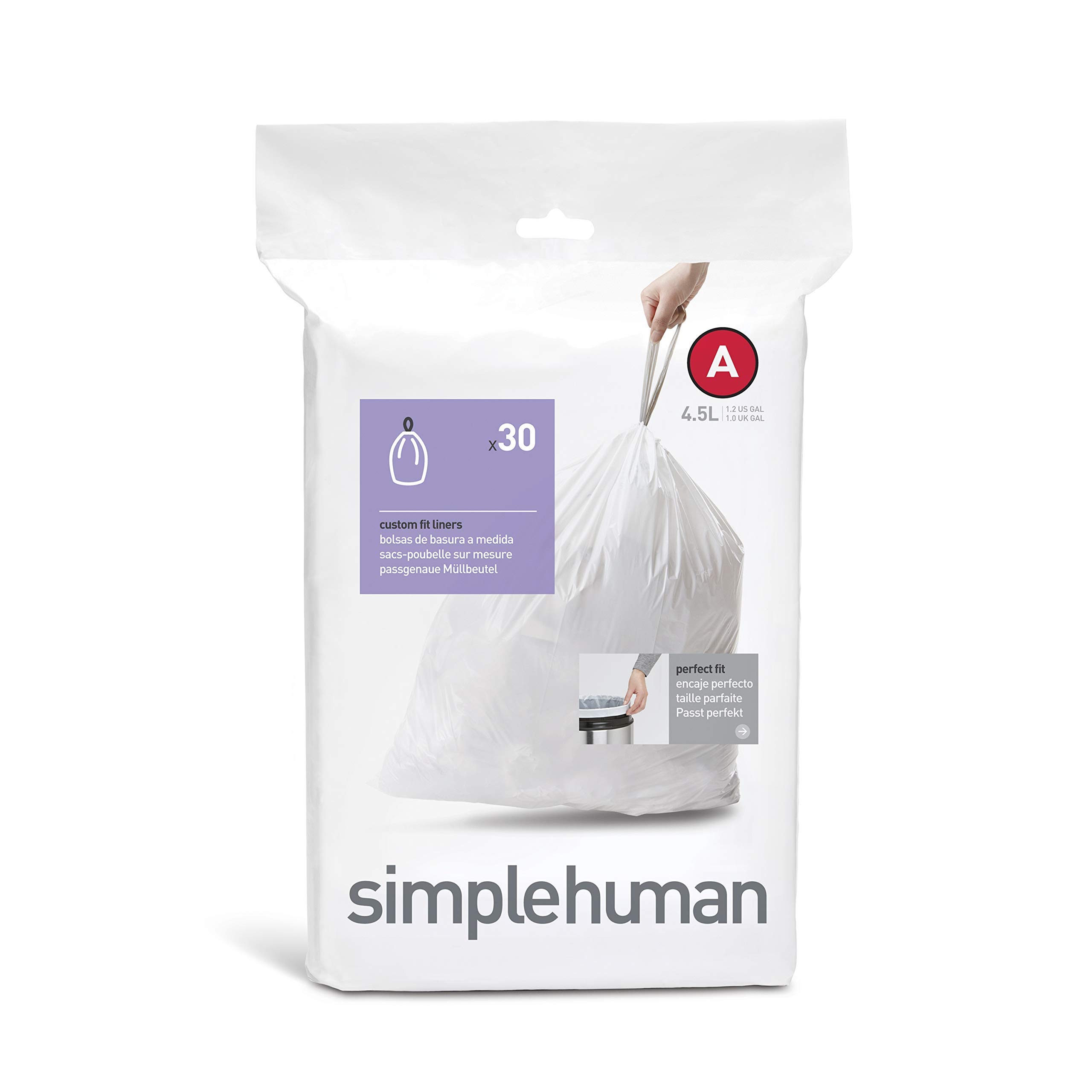 simplehuman Trash Can Liner A, 4.5 Liters/1.2 Gallons, 30-Count | Small Garbage Bags for Bathroom, Office & Kitchen Waste | Odor Control & Leak-Proof Design
