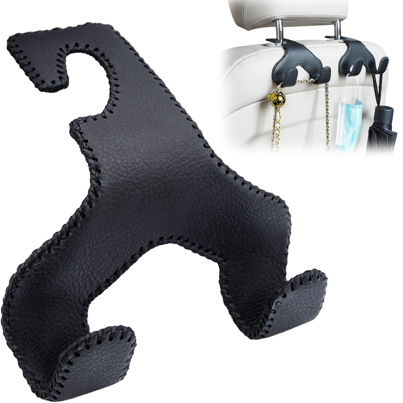 2-in-1 Leather Car Headrest Hook - Purse & Bag Holder for Vehicles (Black) - Perfect for Shopping, Travel & Keeping Your Belongings Organized On-The-Go