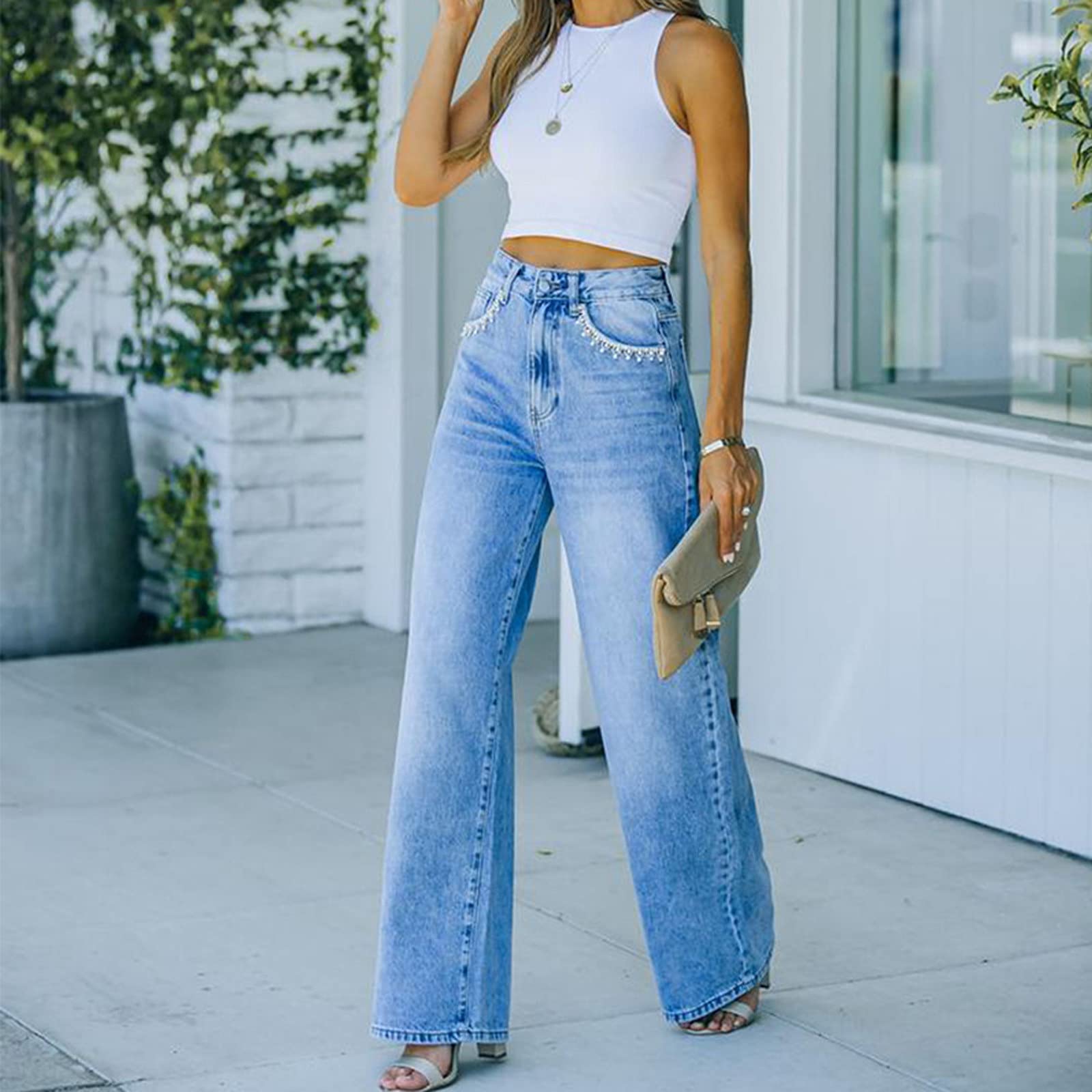 Women's High Waist Baggy Jeans - Wide Leg Denim Pants with Flap Pockets | Straight Cut Casual Loose Trousers | Classic Streetwear Style | C-Blue Color | XX-Large Size | Perfect for Everyday Wear, Street Fashion & Casual Outings