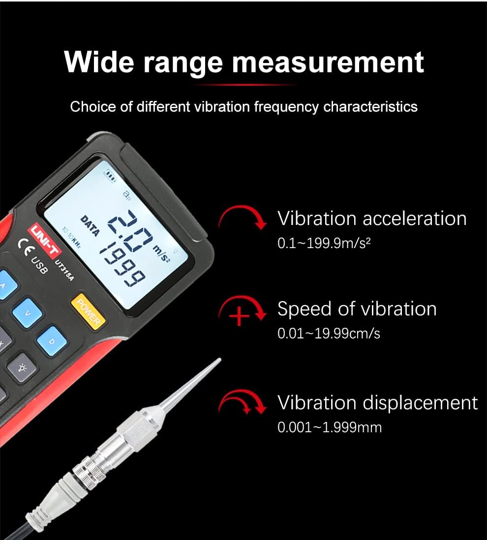 UNI-T UT315A Digital Vibration Tester - Measures Acceleration (0.1-200 m/s²), Speed (0.1-20 mm/s) & Displacement (1-2 mm) - Industrial Equipment Maintenance, Machine Condition Monitoring Tool