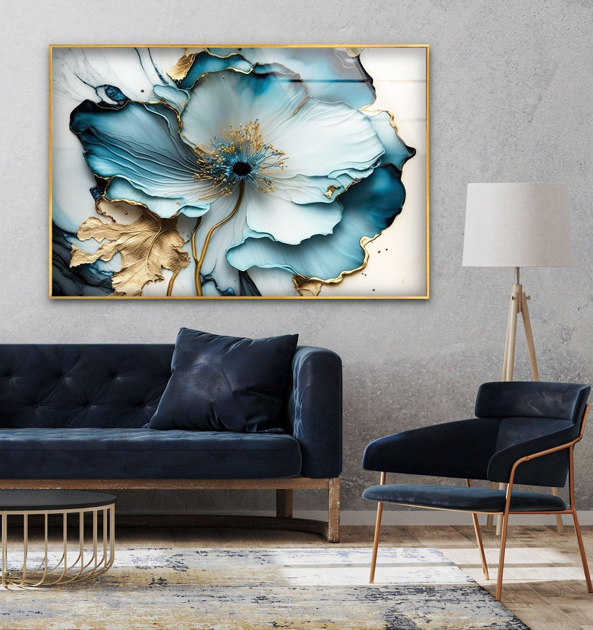 Abstract Blue Flower Glass Wall Art - Modern Handmade Decor for Living Room, Bedroom, Office - Elegant Home & Gift Idea for Housewarming, Wedding, Anniversary