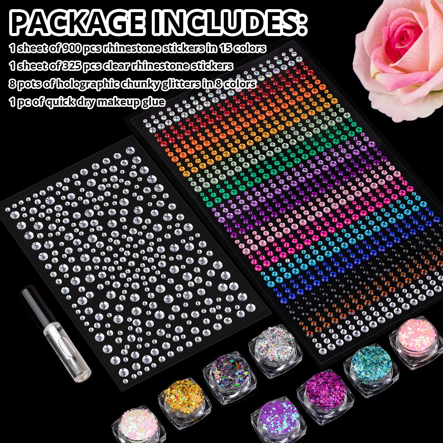 1225 Pcs Rainbow Face Gem Stickers & Chunky Glitter Set - 3-6mm Rhinestones with 8 Pots Glitter & Glue for Makeup, Nails, Hair, Body Art, DIY Crafts, Party Decorations | Perfect for Costumes, Festival Looks, and Creative Projects