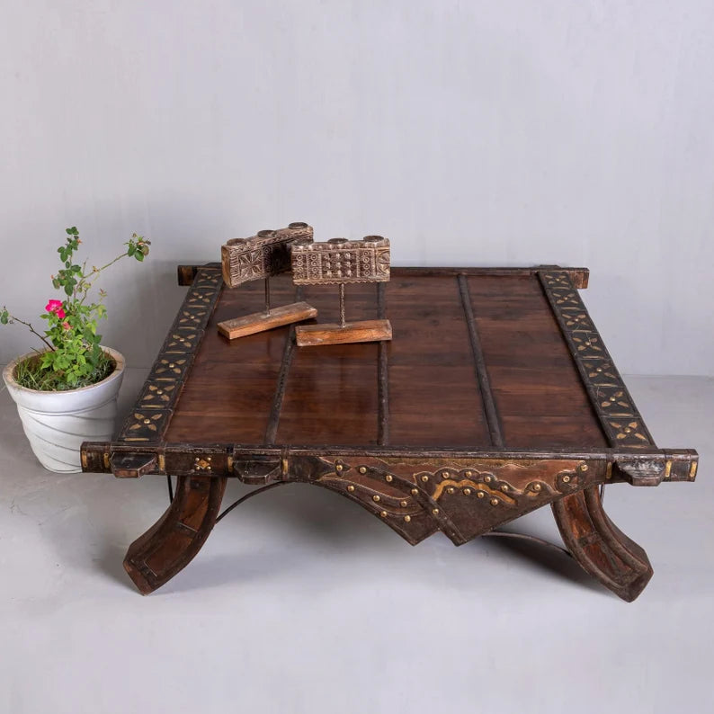 Hand Carved Solid Wood Camel Cart Coffee Table - Unique Boho Furniture for Living Room, Home Decor & Rustic Interior Design