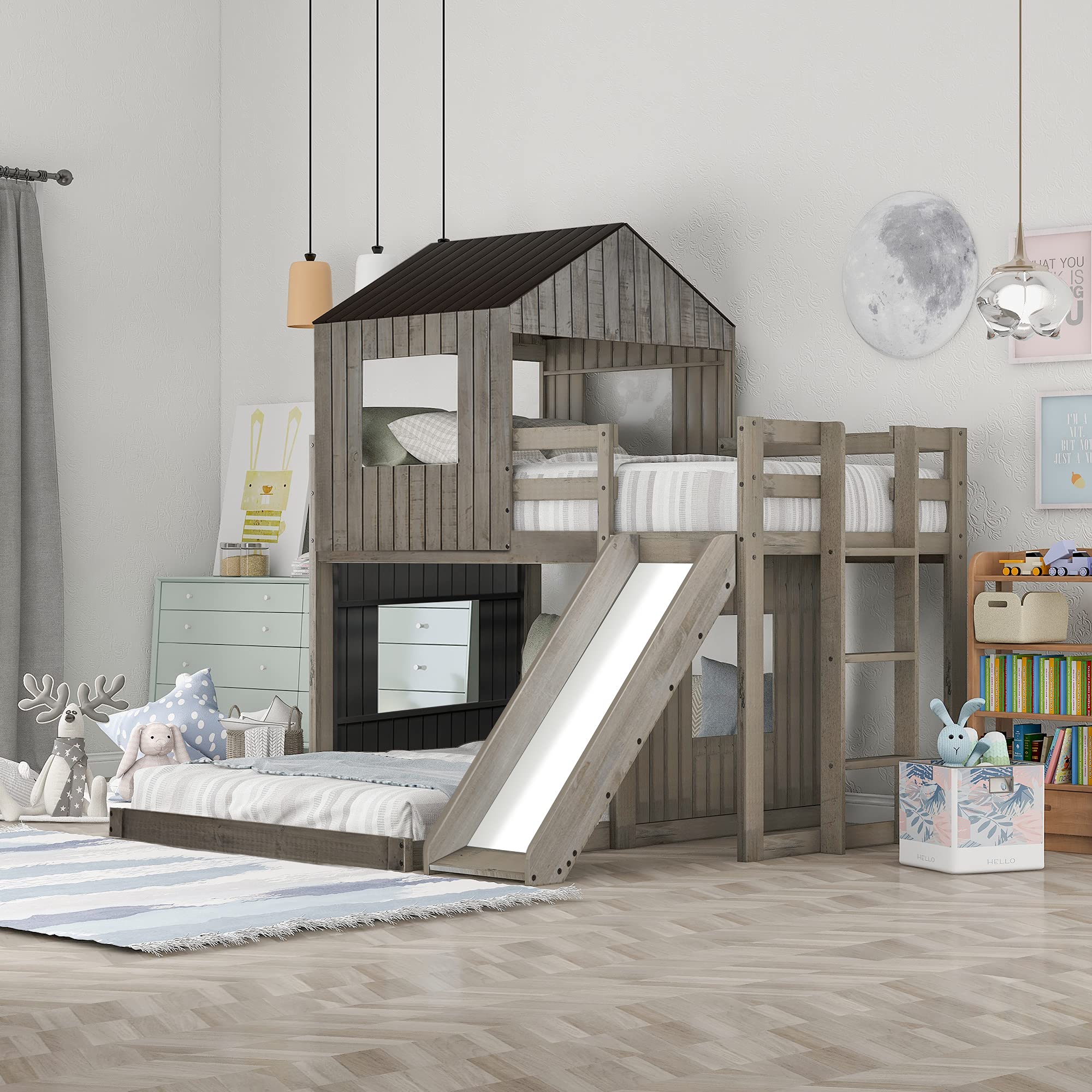 Quarte Twin Over Full Bunk Bed with Slide & Ladder - Solid Wood Loft Bed Frame with Playhouse, Farmhouse Design & Safety Guardrails - Perfect for Kids, Teens & Toddlers (Antique Gray) - Space-Saving Solution for Bedrooms, Playrooms & Vacation Homes