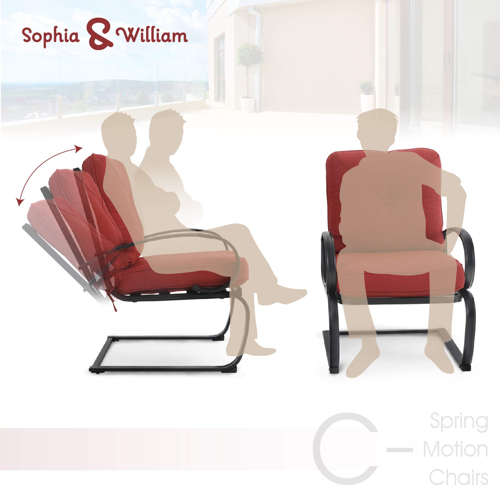Sophia & William 2-Piece Outdoor Patio Furniture Set - Spring Motion Bistro Chairs with Cushions & Round Table - Perfect for Backyard, Garden, Poolside or Balcony Relaxation - Red
