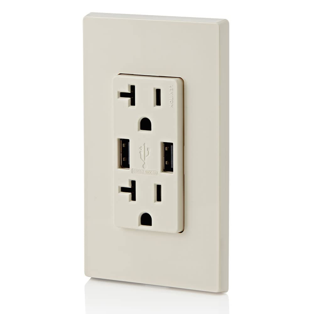 Leviton T5832-T USB Wall Charger with 20A Outlet - Fast Charging for Smartphones & Devices in Home/Office