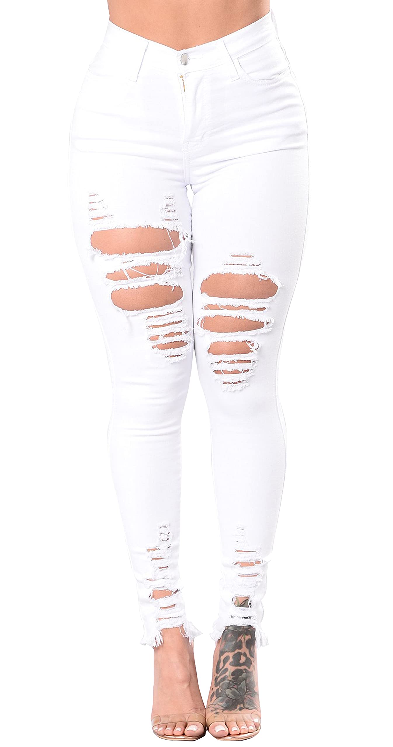 FairBeauty Women's Skinny Stretch Jeans - High Waisted Slim Fit Ripped Denim Pants with Frayed Raw Hem for Casual Wear & Night Out