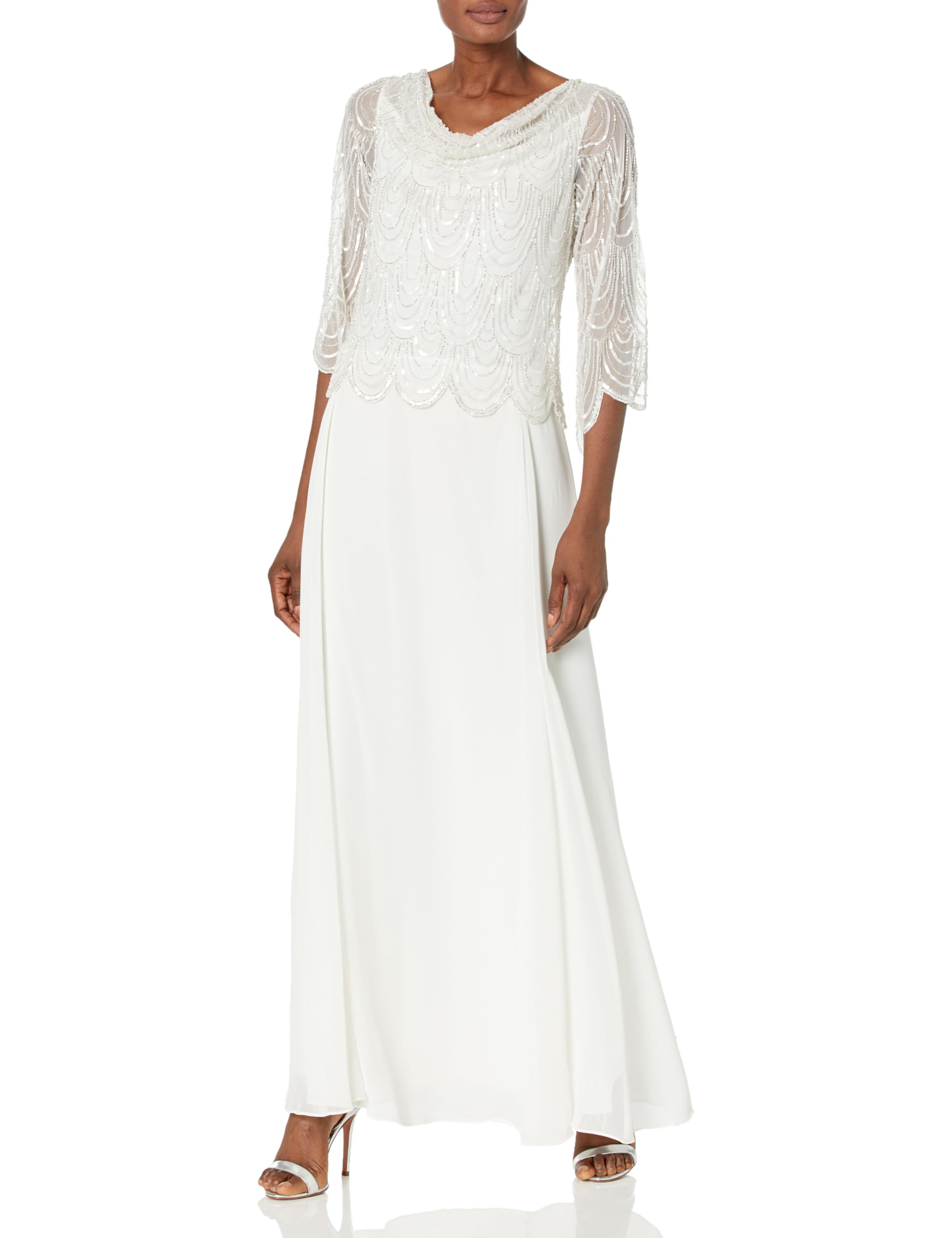 J Kara Women's Cowl Neck 3/4 Sleeve Beaded Pop Over Dress - Elegant Flowy Casual & Party Wear for Women, Perfect for Date Nights, Weddings & Special Occasions