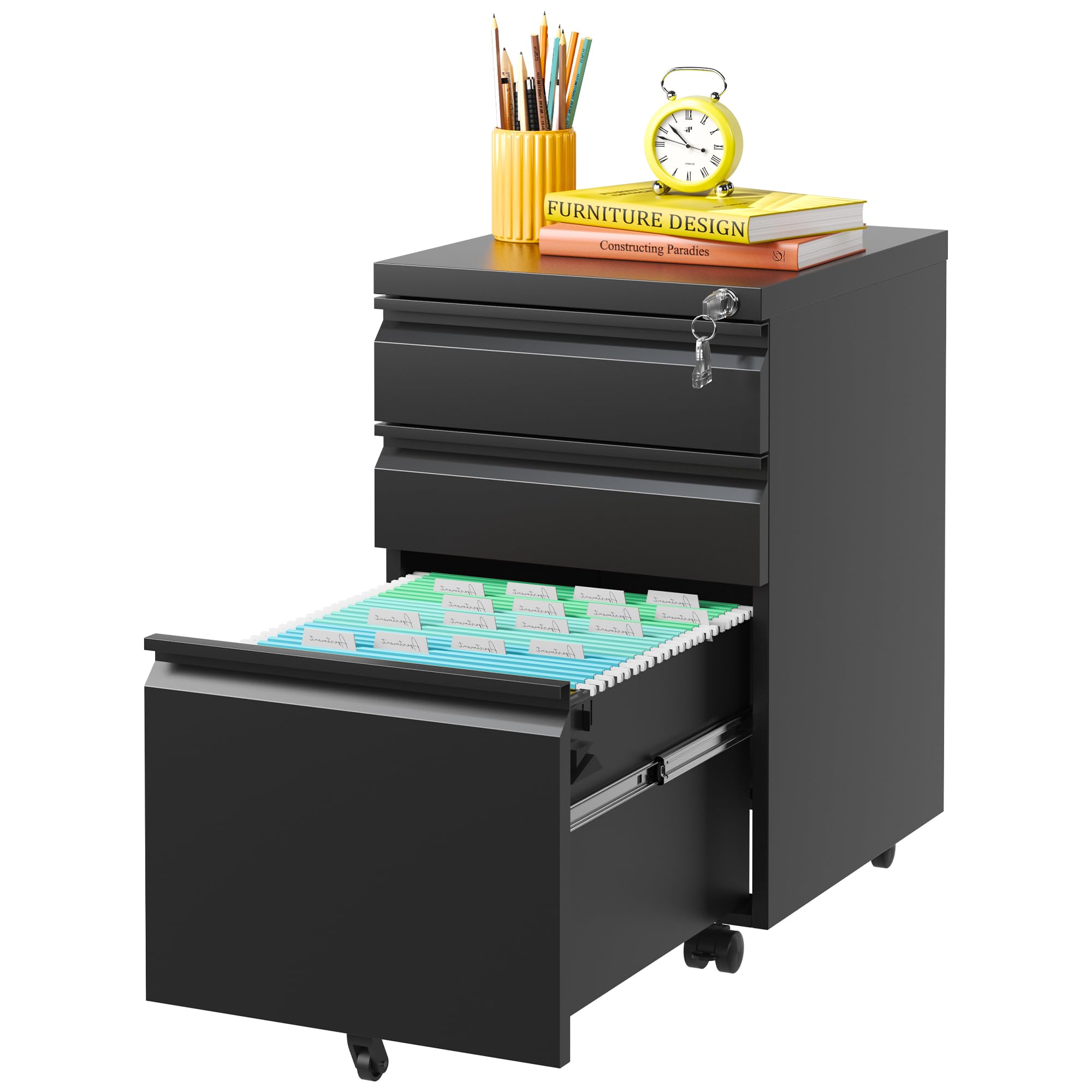 3 Drawer Mobile File Cabinet - Black Metal Under Desk Filing Cabinet with Wheels & Lock, Slim Vertical Office Organizer for Home & Business, Fully Assembled, Fits Letter/Legal/A4 Folders - Perfect for Small Spaces & Clutter-Free Workspaces - Ideal for Home Offices, Workstations & Compact Work Areas - Great for Document Storage, Office Organization & Space-Saving Solutions
