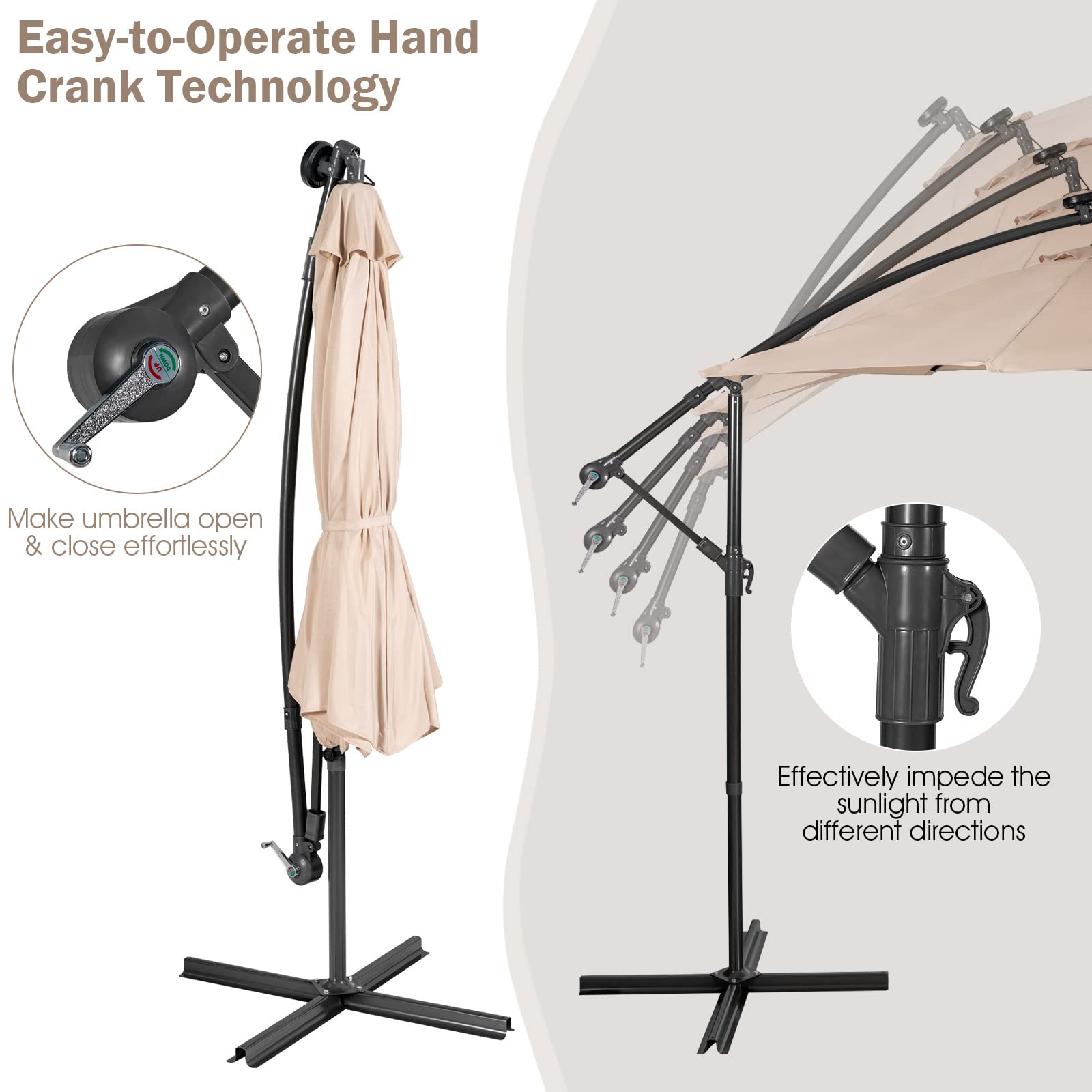 Giantex 10 Ft Solar Powered LED Patio Umbrella with 8 Ribs & Tilting Adjustment - Heavy Duty Cantilever Outdoor Umbrella for Pool, Garden, Deck, and Backyard Relaxation