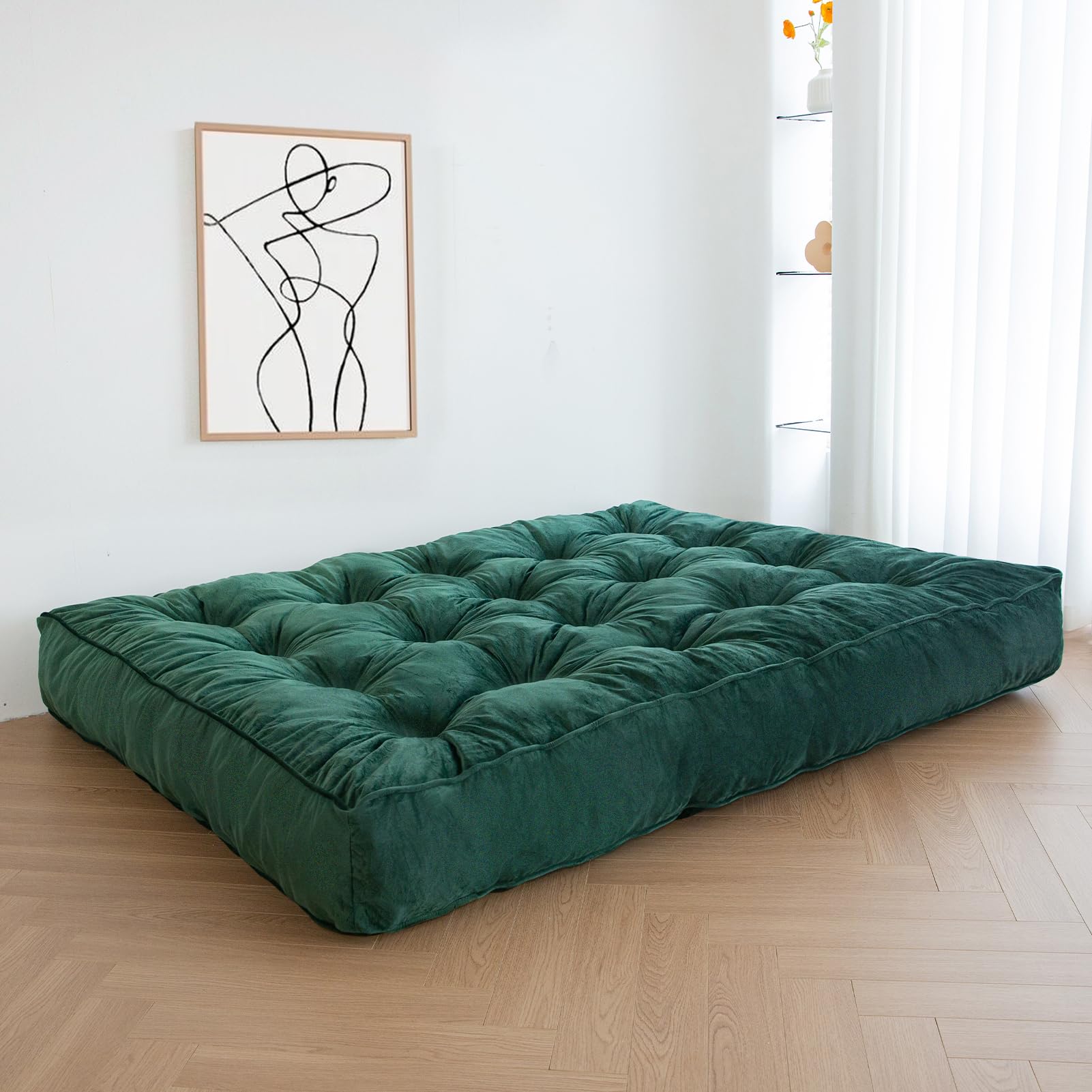 MAXYOYO 8-Inch Thick Velvet Tufted Futon Mattress for Sofa Bed - Green (Mattress Only) | Comfortable Sleeping Solution for Adults, Perfect for Small Apartments, Guest Rooms & Dorm Rooms