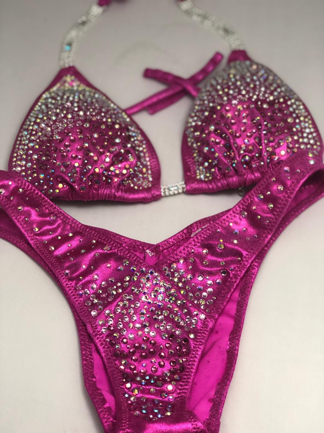 Hot Pink Rhinestone Figure Bikini - Competition Posing Suit for Physique & Fitness Shows | Perfect for Bodybuilding, Bikini Contests & Beachwear
