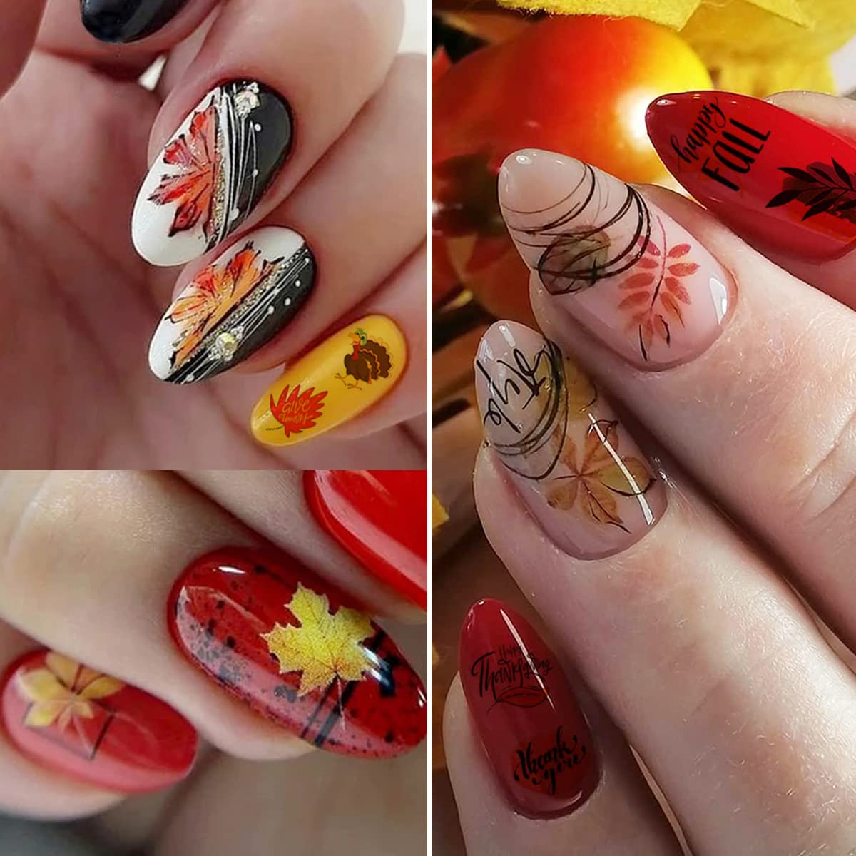 12 Sheets 3D Fall Nail Art Stickers - Autumn Leaves, Maple Leaf & Pumpkin Thanksgiving Nail Decals for Women | DIY Manicure Decorations for Halloween, Thanksgiving Parties & Seasonal Nail Designs