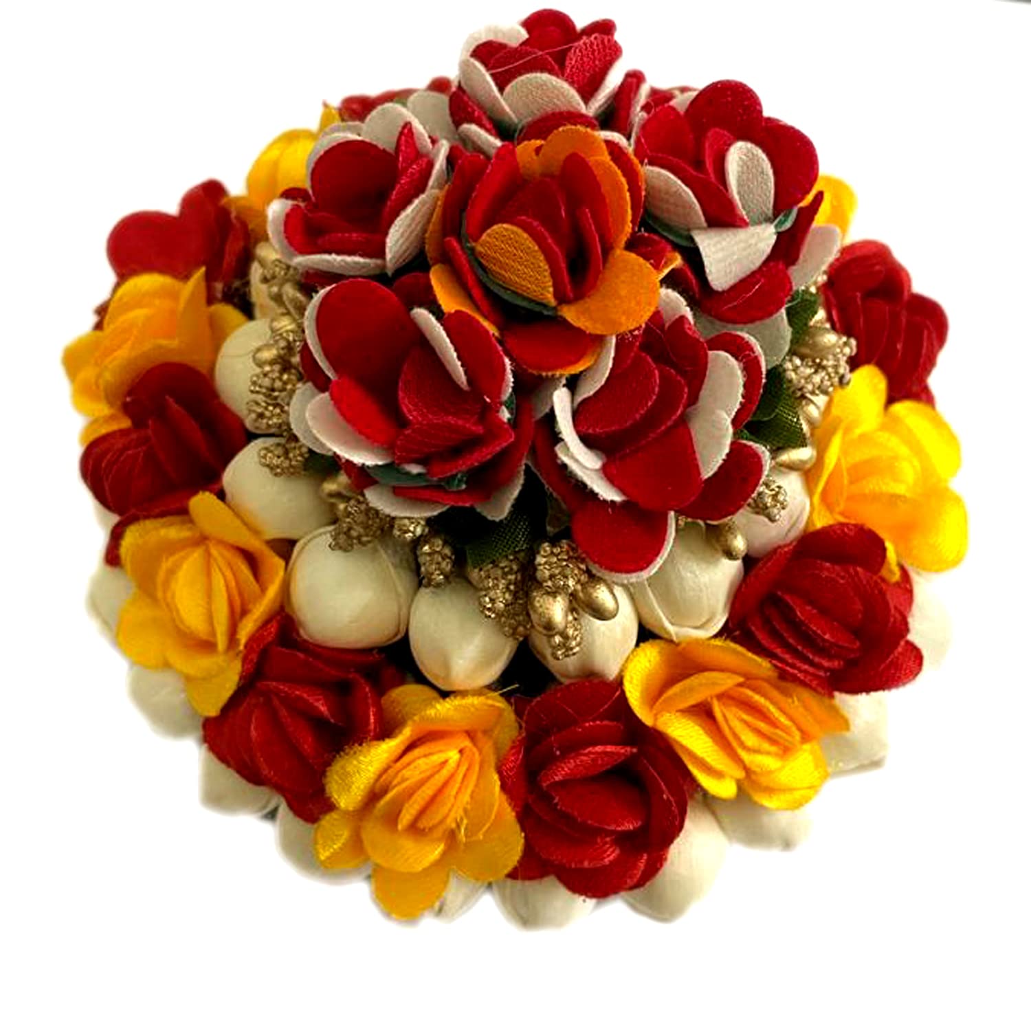 GuruEmbelish Artificial Flower Hair Bun Gajra - Bridal Hair Accessories for Women & Girls (1 Pack, Red & Yellow) - Perfect for Weddings, Parties & Festive Occasions