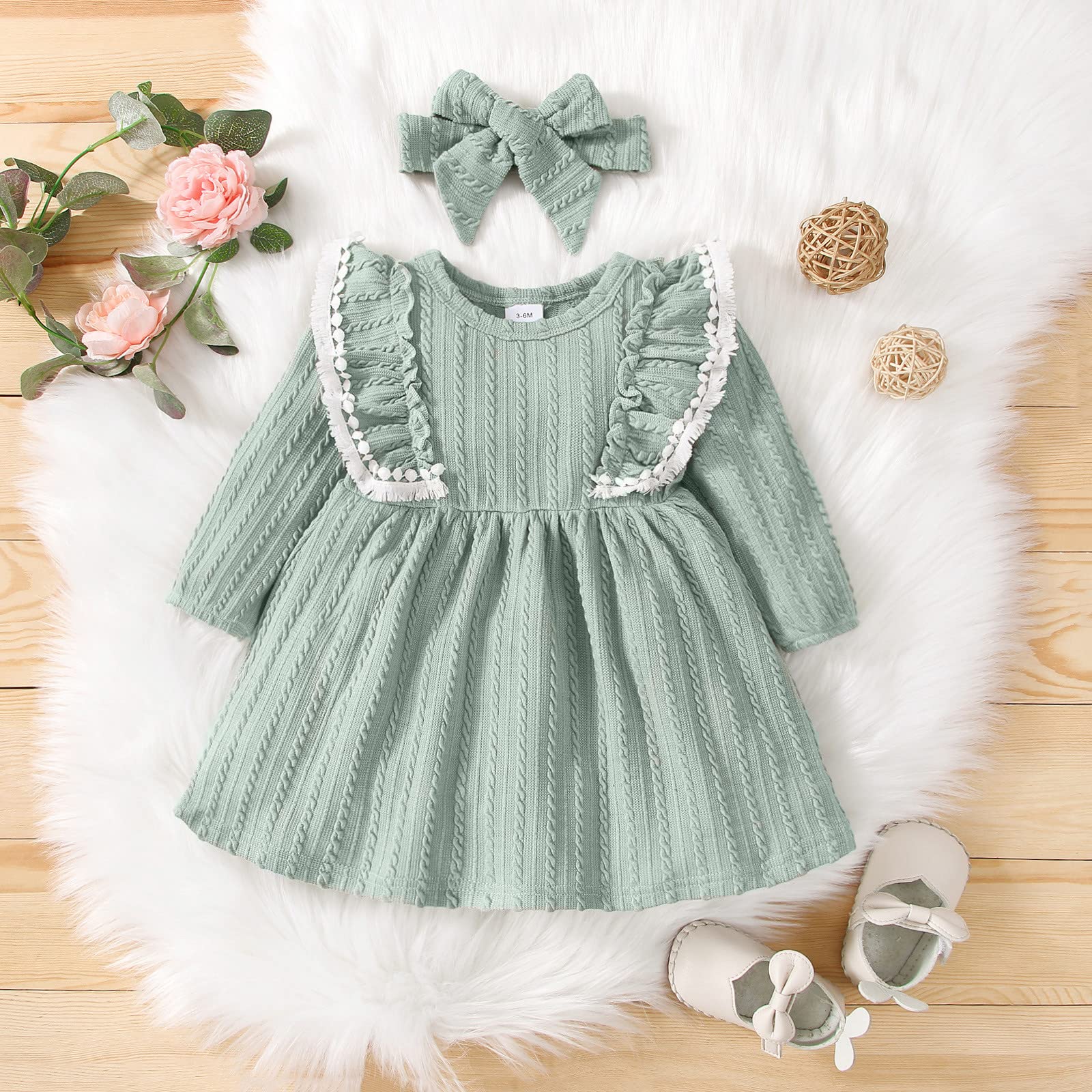 Girls' Toddler Baby Ruched Ruffle Long Sleeve Dress - Princess Party Outfit with Headband for Spring & Fall | Perfect for Birthday Parties, Photo Shoots & Special Occasions
