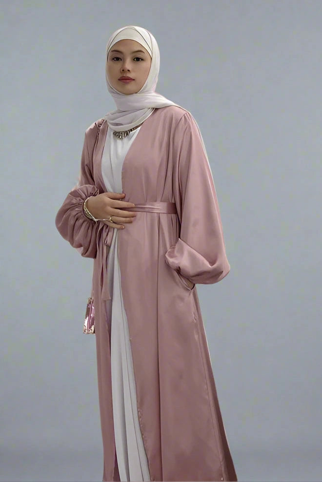 Elegant Puff Sleeve Satin Open Abaya Dress for Muslim Women - Modest Islamic Prayer Dress for Eid, Wedding & Special Occasions