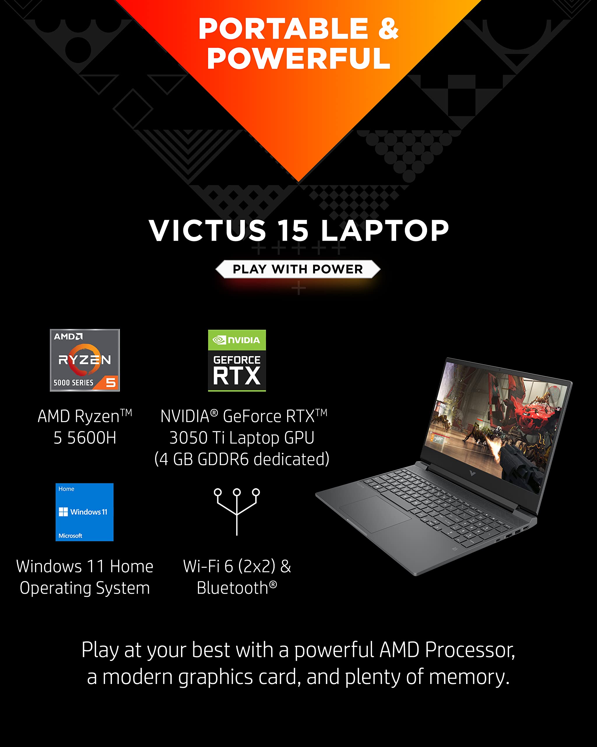 HP Victus 15 Gaming Laptop - NVIDIA RTX 3050 Ti, AMD Ryzen 5 5600H, 8GB RAM, 512GB SSD, 15.6