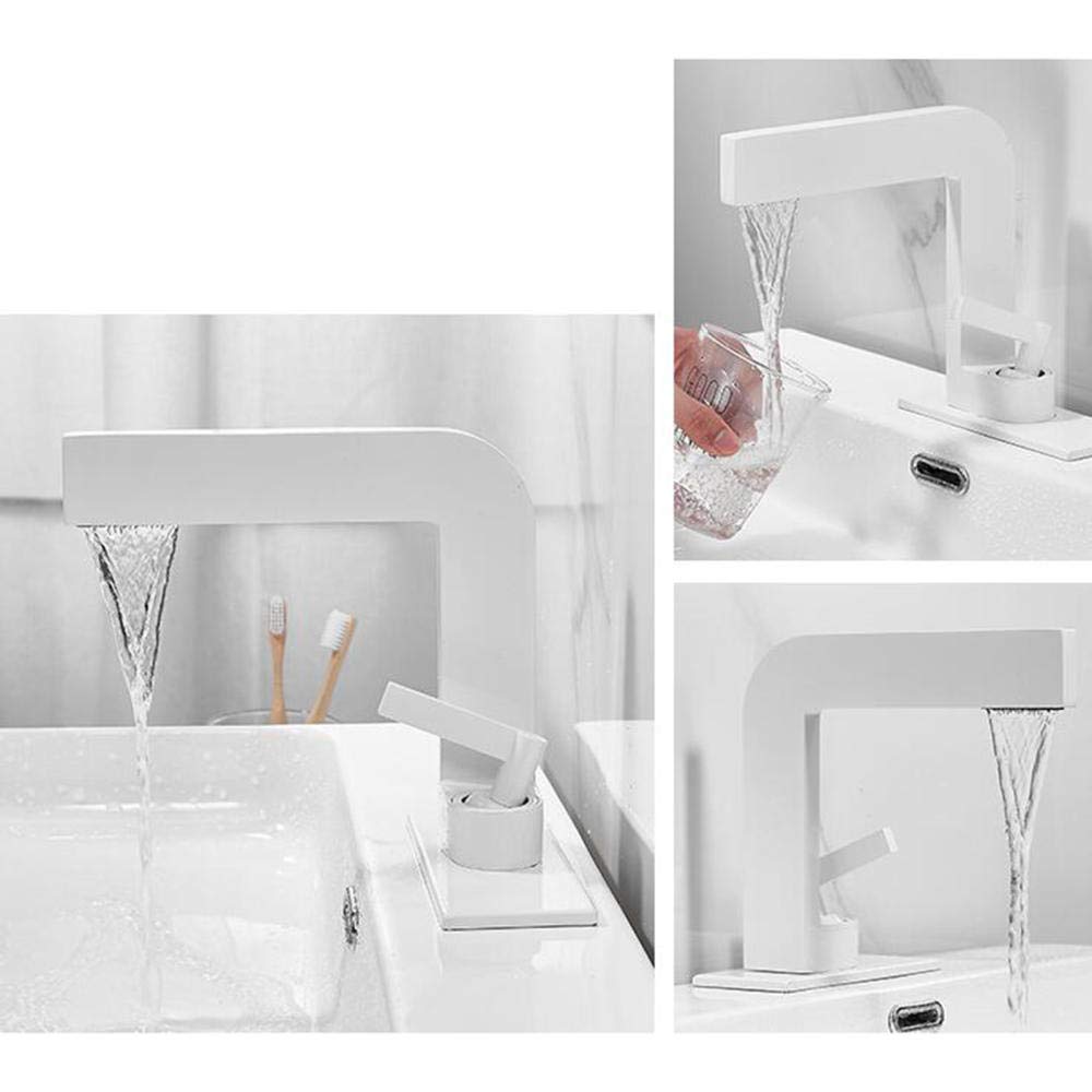 Waterfall Basin Mixer Tap - Single Hole Brass Bathroom Sink Faucet with Hot & Cold Water - White - Perfect for Modern Vanity, Under Counter Washbasin & Toilet Sink Installation