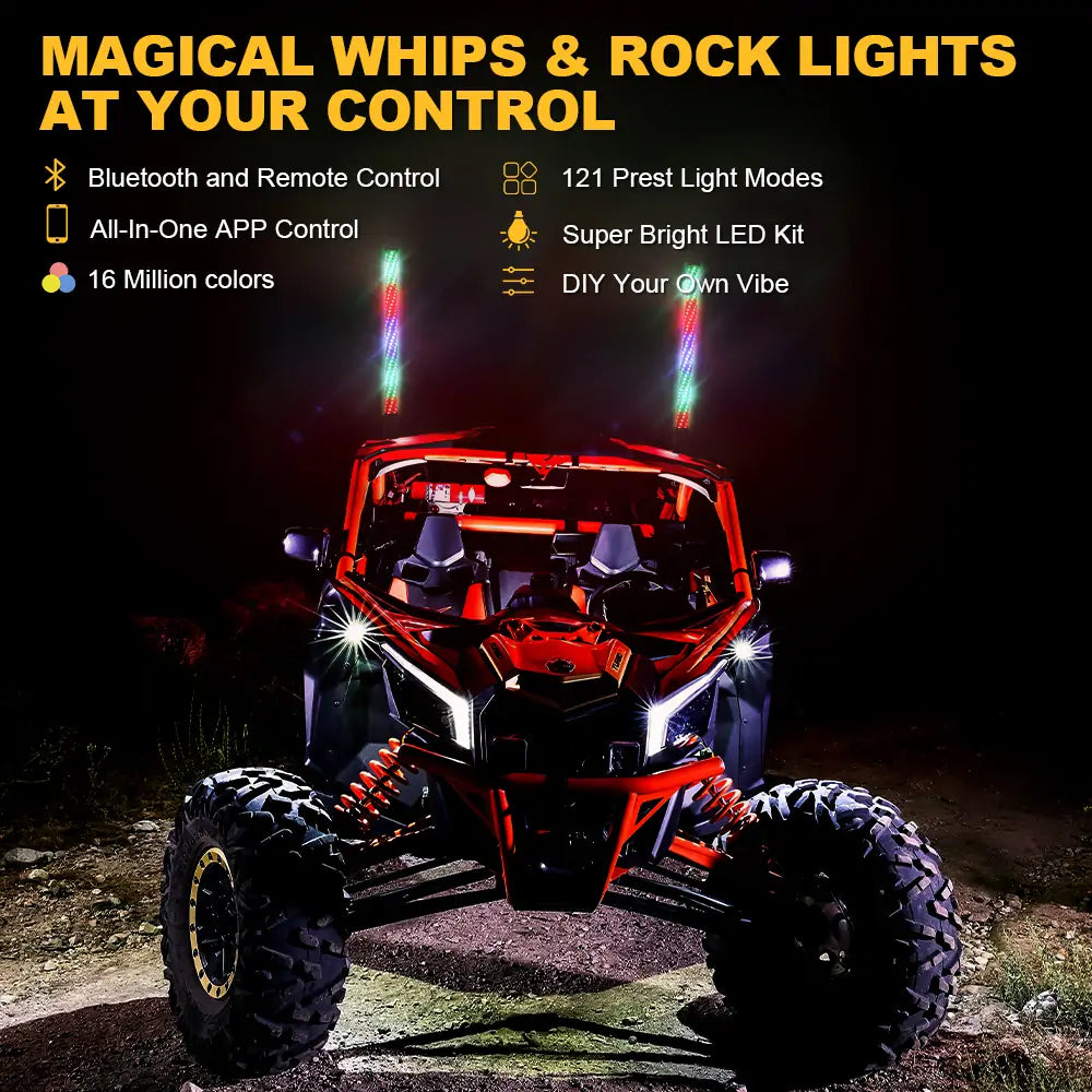 LOYO 2Pcs 2FT LED Fat Whip Lights & 8 Pods Rock Lights Kit with Bluetooth & Remote Control - Off-Road Vehicle Lighting for Trucks, Jeeps, ATVs & UTVs