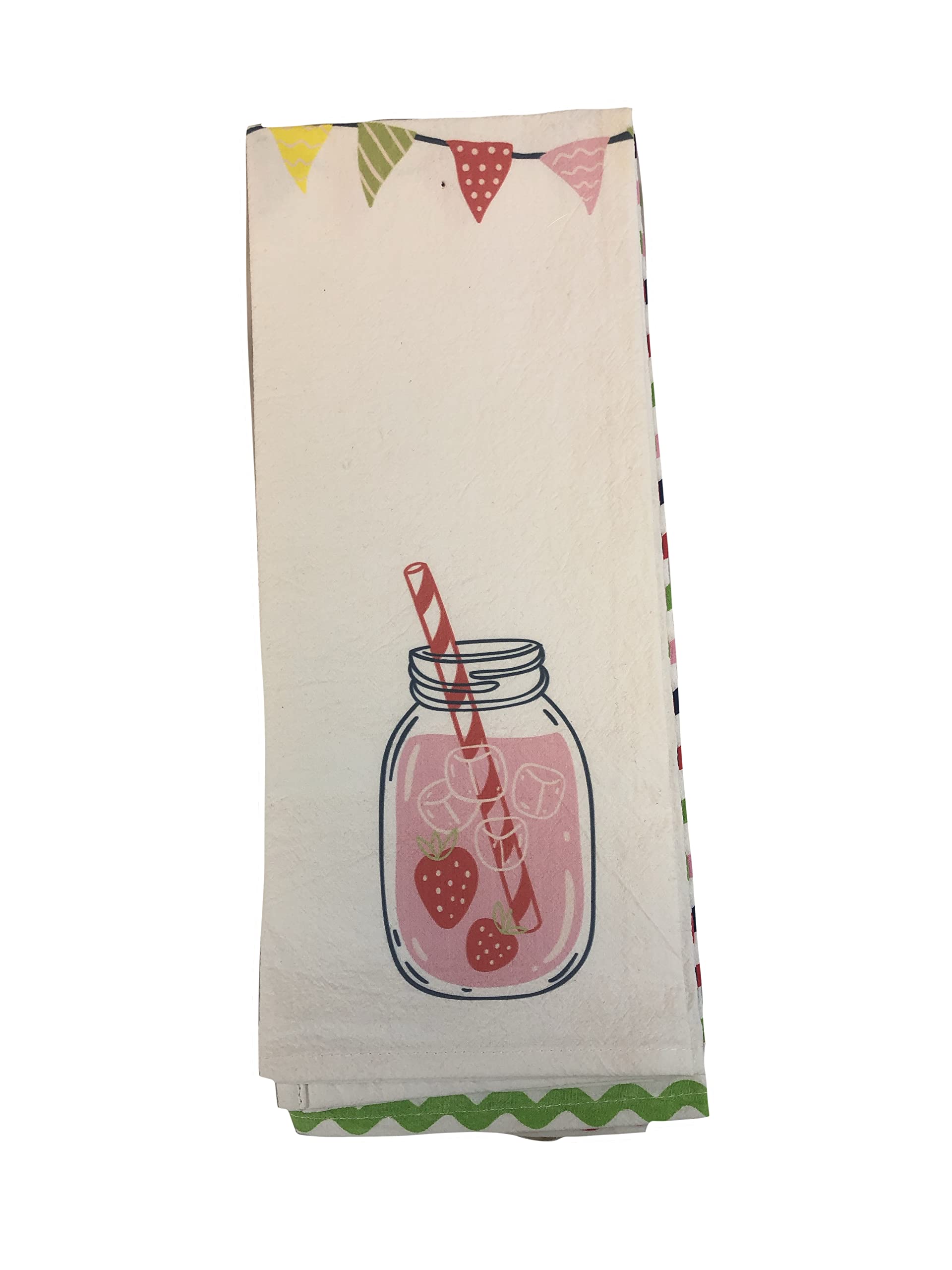 2-Pack Cotton Kitchen Tea Towels - Pink Strawberry Lemonade Mason Jar Drink Stripe Pattern, White, 20