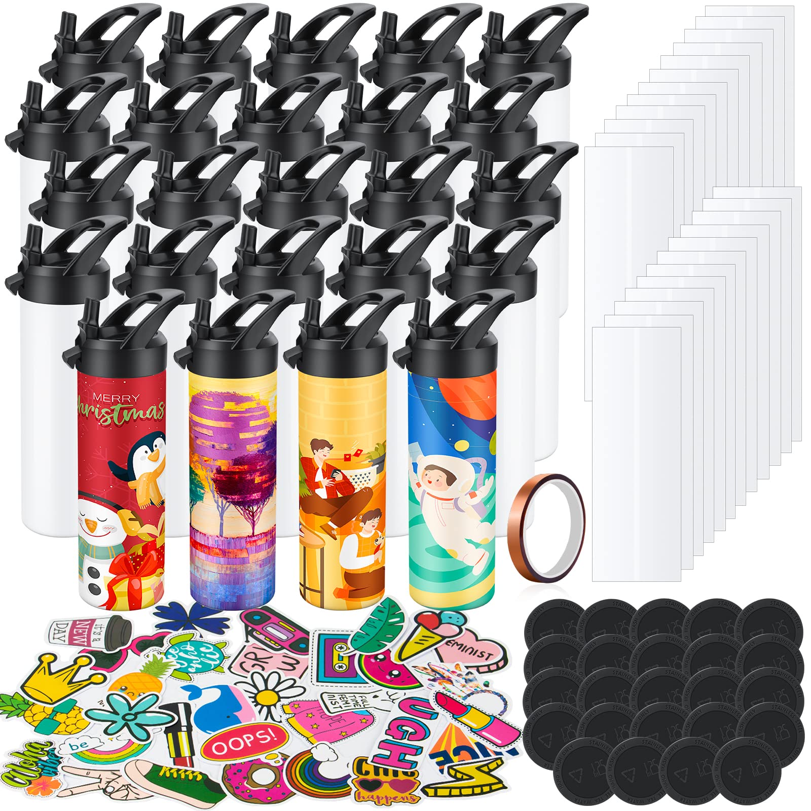 24 Pack 20oz Sublimation Tumblers - Triple Insulated Stainless Steel Water Bottles with Straw Lid, Skinny Blank Tumblers Bulk Set (Includes Stickers, Rubber Base & Heat Tape) - Perfect for Sports, Gym, Outdoor Activities & Custom Heat Transfer Designs