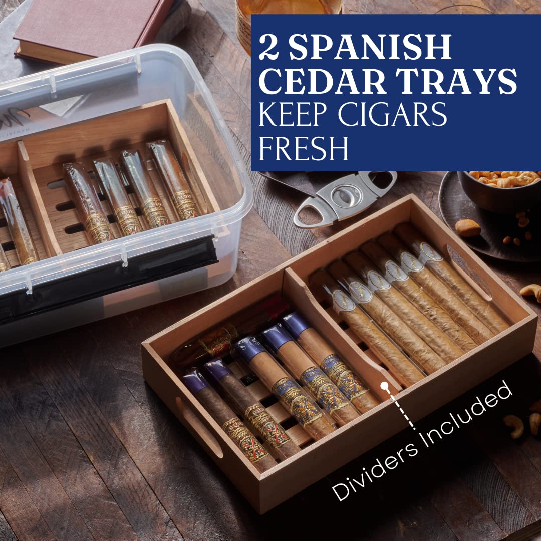 Premium Plastic Cigar Tupperdor Humidor - 2 Spanish Cedar Trays, Digital Hygrometer & Humidifier Included | Airtight Cigar Storage Container for Home, Office, Travel & Aging Cigars
