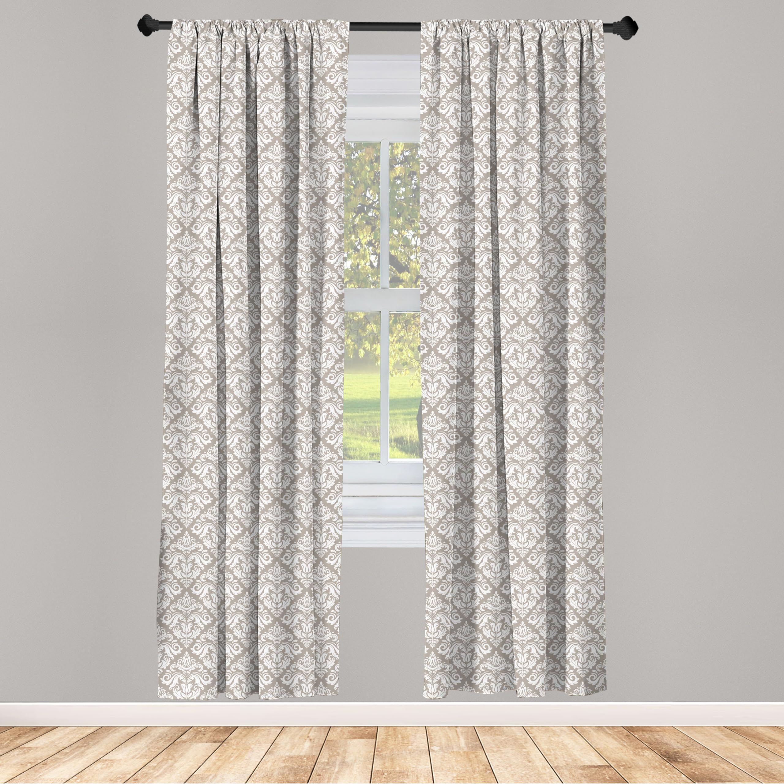 Ambesonne Damask Window Curtains - Oriental Design Swirled Leaf Motif, Lightweight 2-Panel Set with Rod Pocket, 28