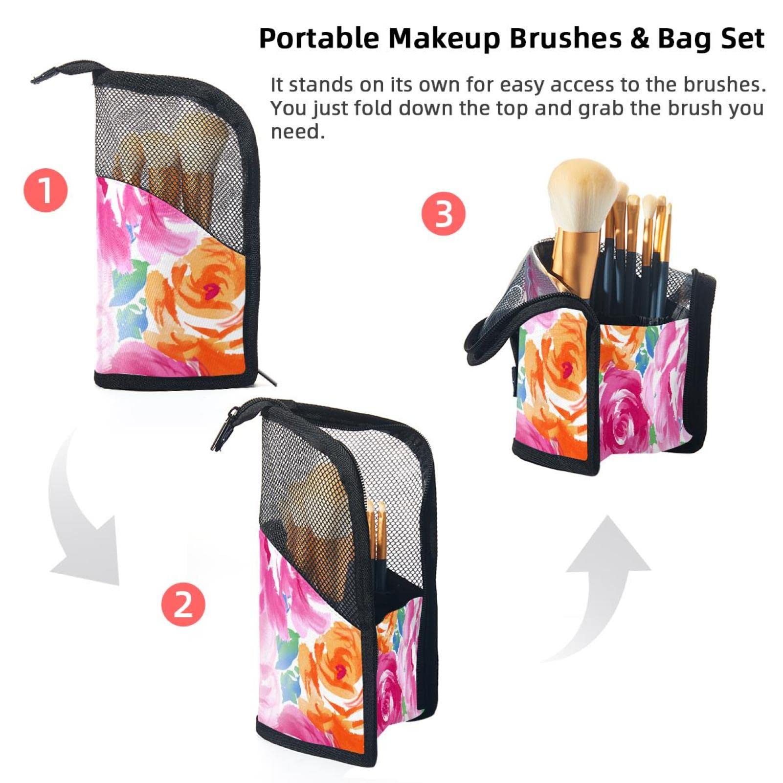 12-Piece Makeup Brush Organizer Bag with Watercolor Pink & Yellow Floral Design - Portable Travel Cosmetic Brush Holder Case for Professional & Home Use