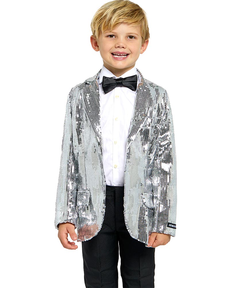 Vintage 70s Sequins Silver Boys Suit Jacket - Retro Disco Party Costume for Kids, Halloween & Dance Performance