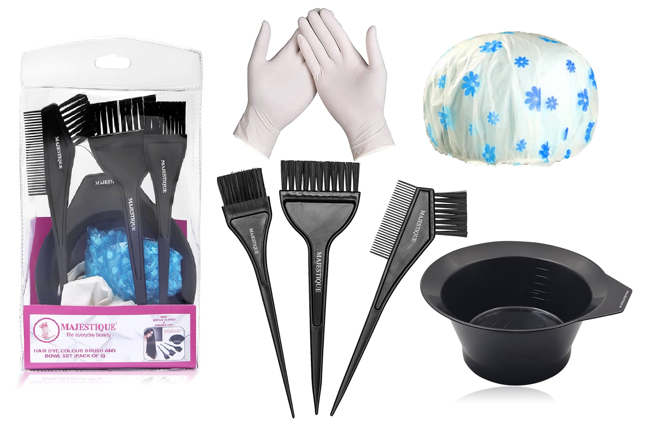 Majestique Professional Hair Coloring Kit - 6 Piece Salon Hair Dye & Bleaching Tools Set with Dye Brush, Tinting Bowl, Cape & Gloves | Perfect for Home Hair Coloring & Salon Styling