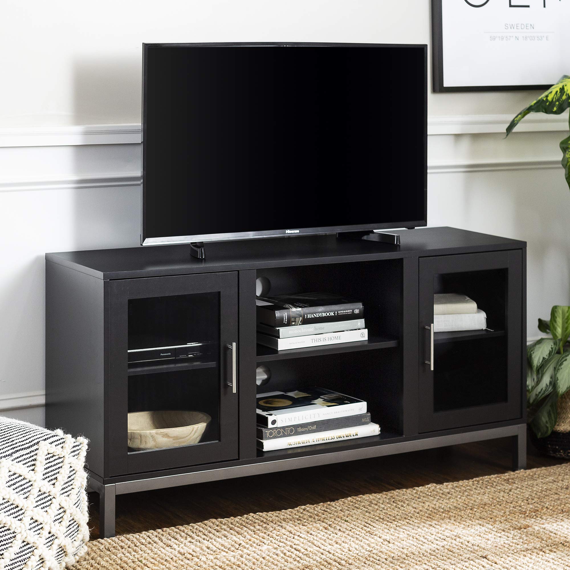 Walker Edison 52 Inch Modern Glass & Wood TV Stand for Flat Screens up to 58