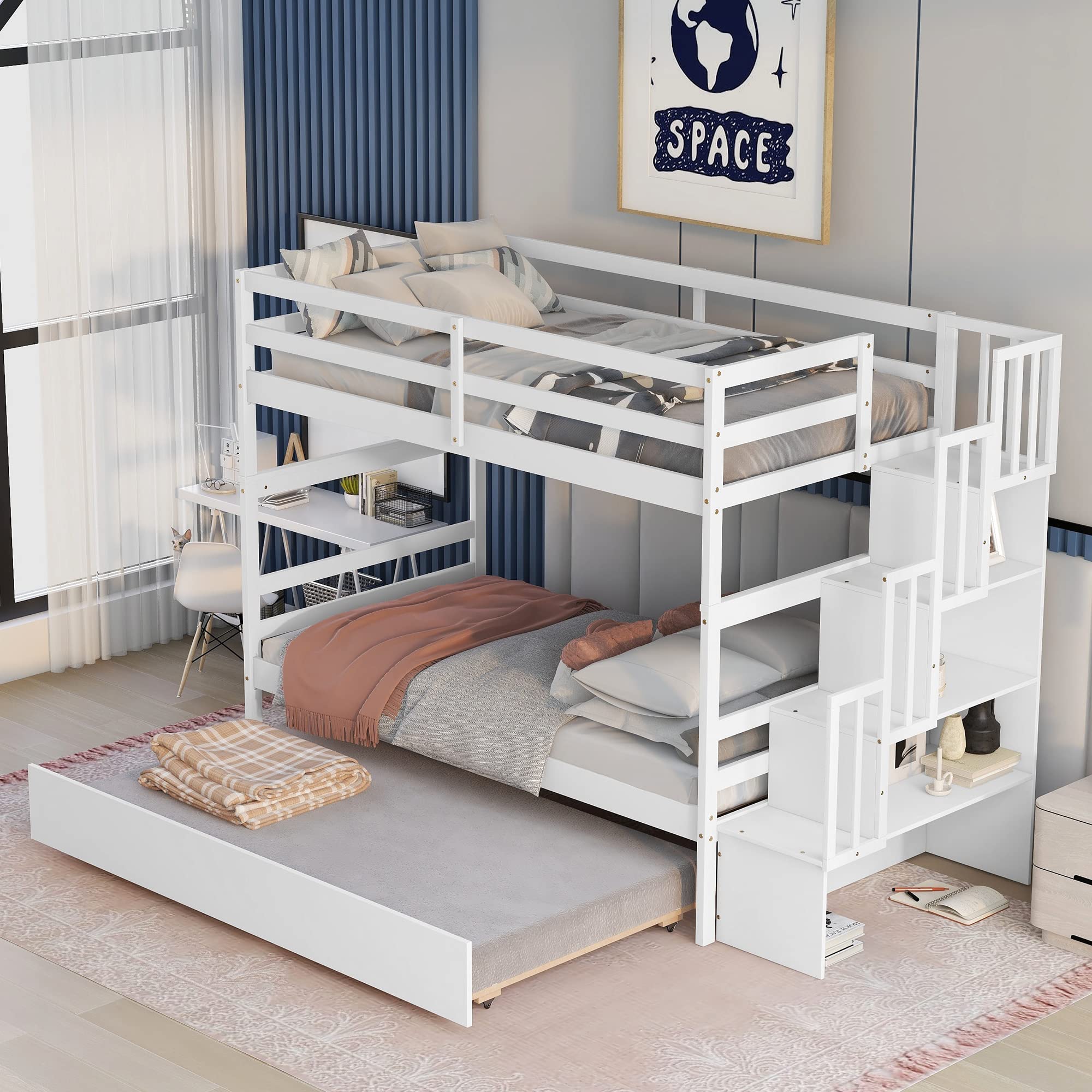Harper & Bright Designs Twin Over Twin Solid Wood Bunk Bed with Staircase, Trundle & Storage Shelf - No Box Spring Needed - Perfect for Kids, Teens & Adults (White) - Ideal for Small Bedrooms, Guest Rooms & Vacation Homes