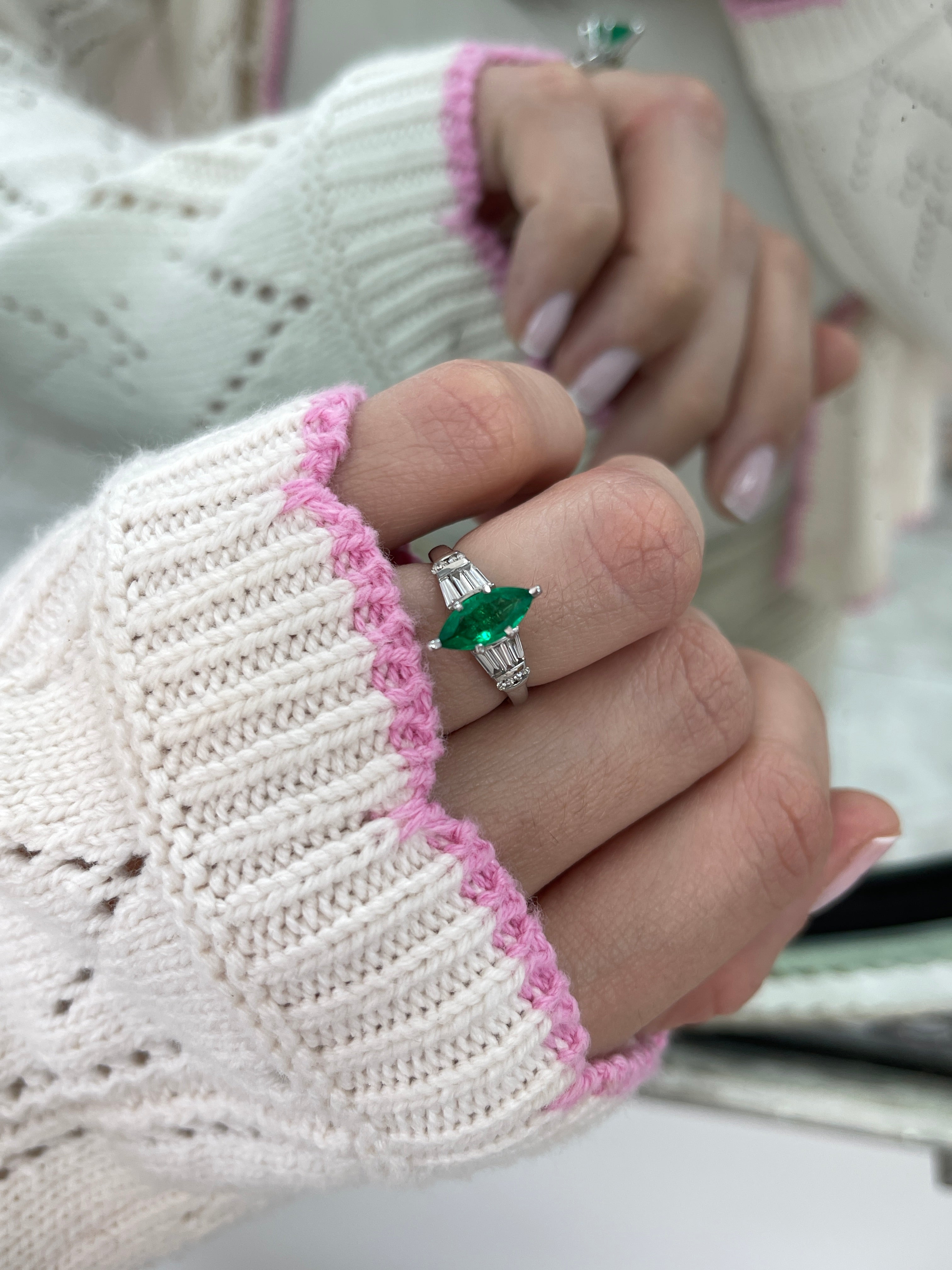14K Gold Colombian Emerald Marquise Cut Diamond Ring with Tapered Baguette Side Stones - 1.15tcw | Elegant Engagement, Wedding, Anniversary Jewelry Gift for Women