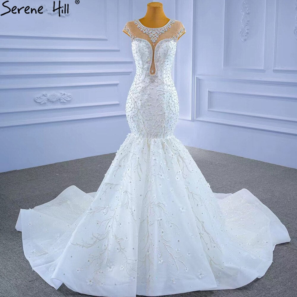 Luxury White Mermaid Wedding Dress 2025 with Beaded Diamond Cap Sleeves - Custom Made Bridal Gown HM67296 for Elegant Beach, Church, and Ballroom Weddings