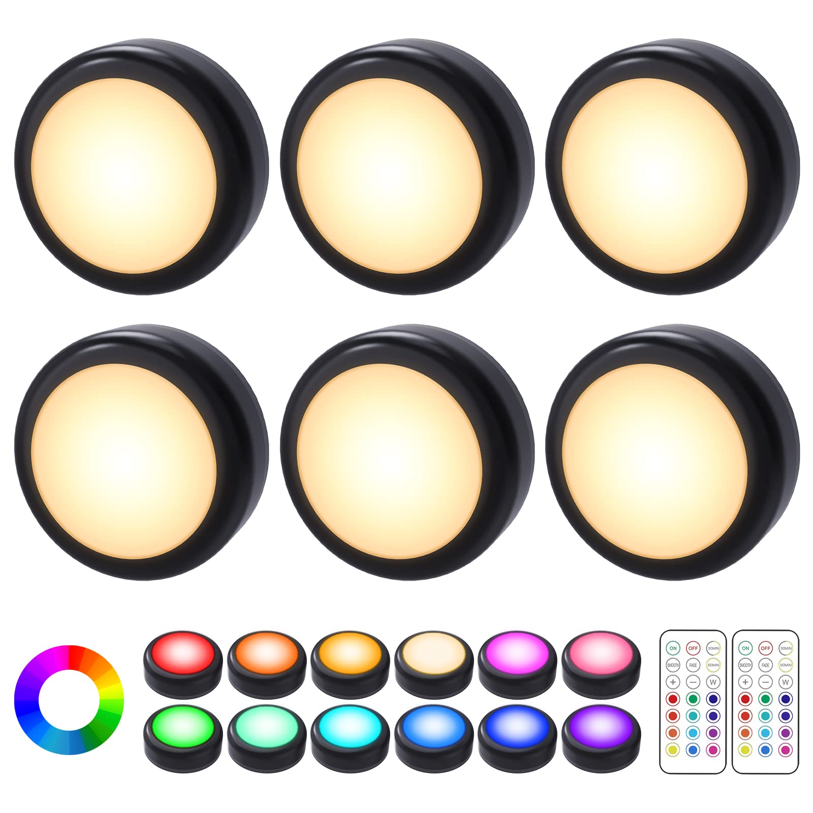 Cadrim 6 Pack Dimmable LED Puck Lights - 13 Color Changing Under Cabinet Lighting with 2 Wireless Remotes, Battery Powered for Kitchen, Closet & Display Cases (Black)