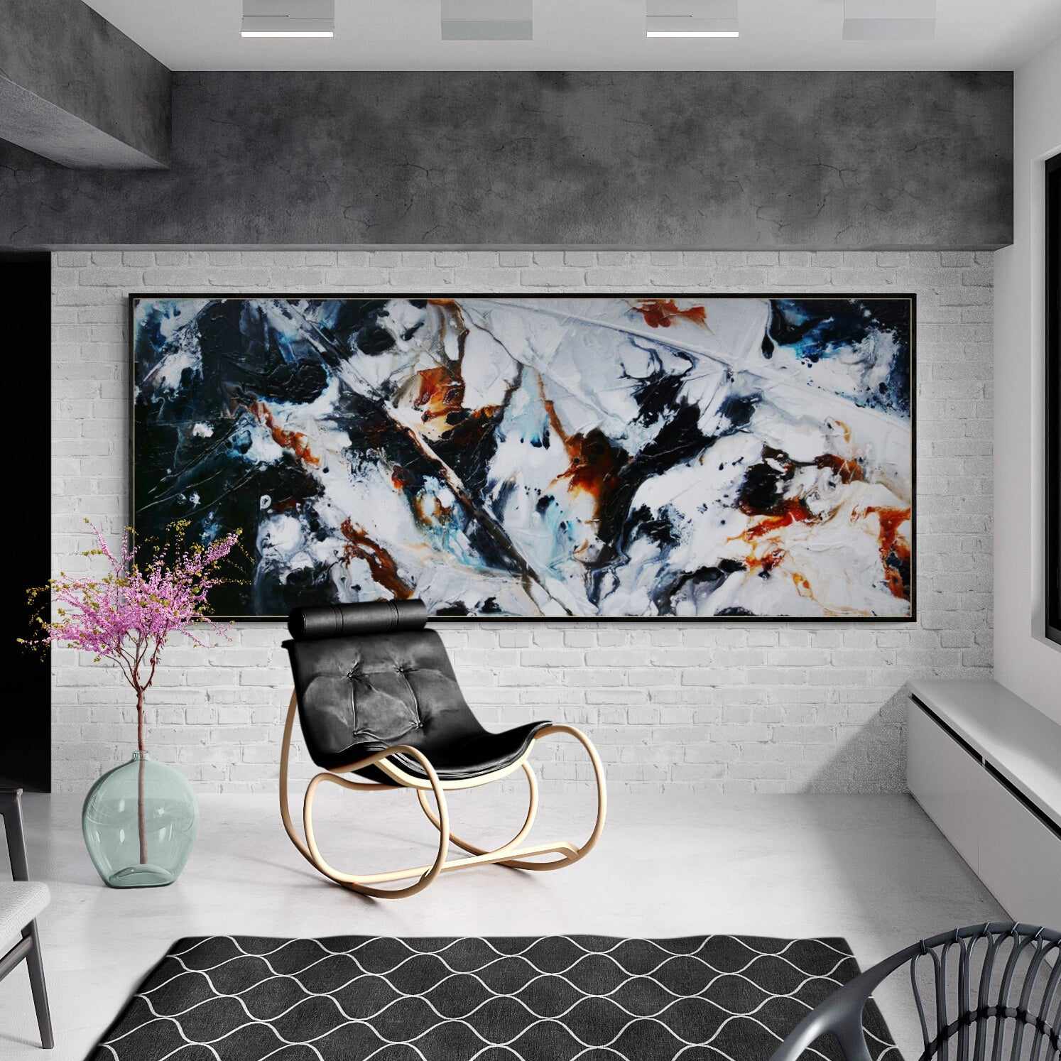 240cm x 100cm Modern Abstract Textured Painting in Grey, White & Black - Large Wall Art for Living Room, Bedroom or Office Decor