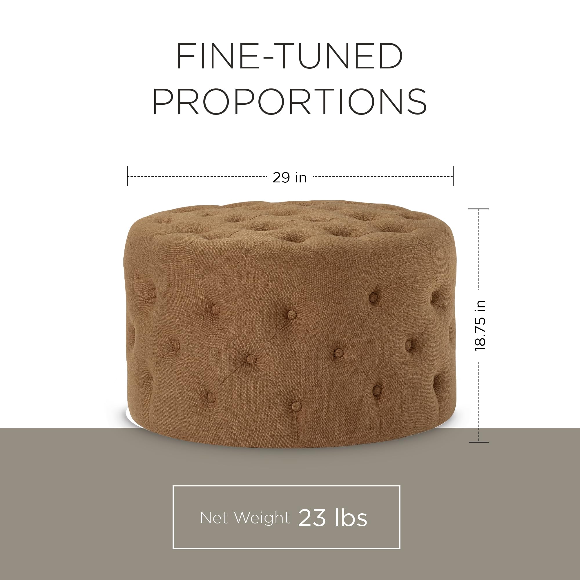Maven Lane Marcy Traditional Large Round Ottoman with Cushioned Seat - Rustic Clay Fabric Upholstered Footrest for Living Room, Bedroom, or Dorm - Perfect for Relaxing, Extra Seating & Home Decor