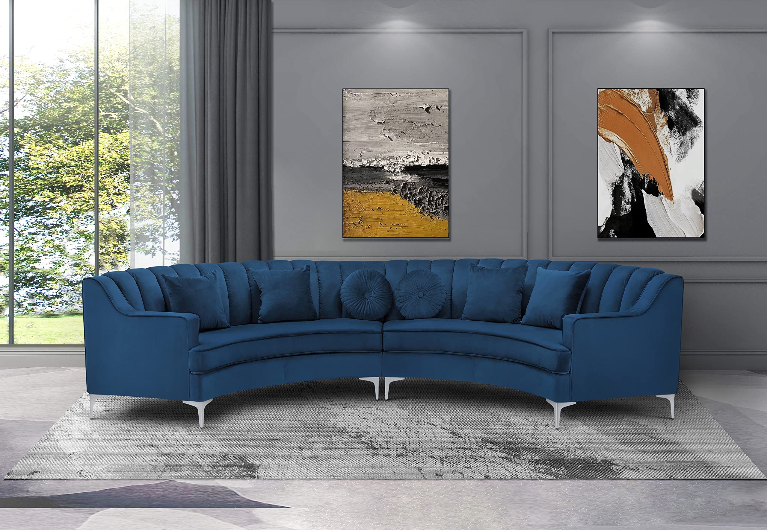 Luxury Velvet Curved Sectional Sofa - 6-Seater Modern Modular Symmetrical Couch with Tufted Design & 6 Throw Pillows - Contemporary Blue Living Room Furniture for Lounge, Family Room & Entertainment Spaces